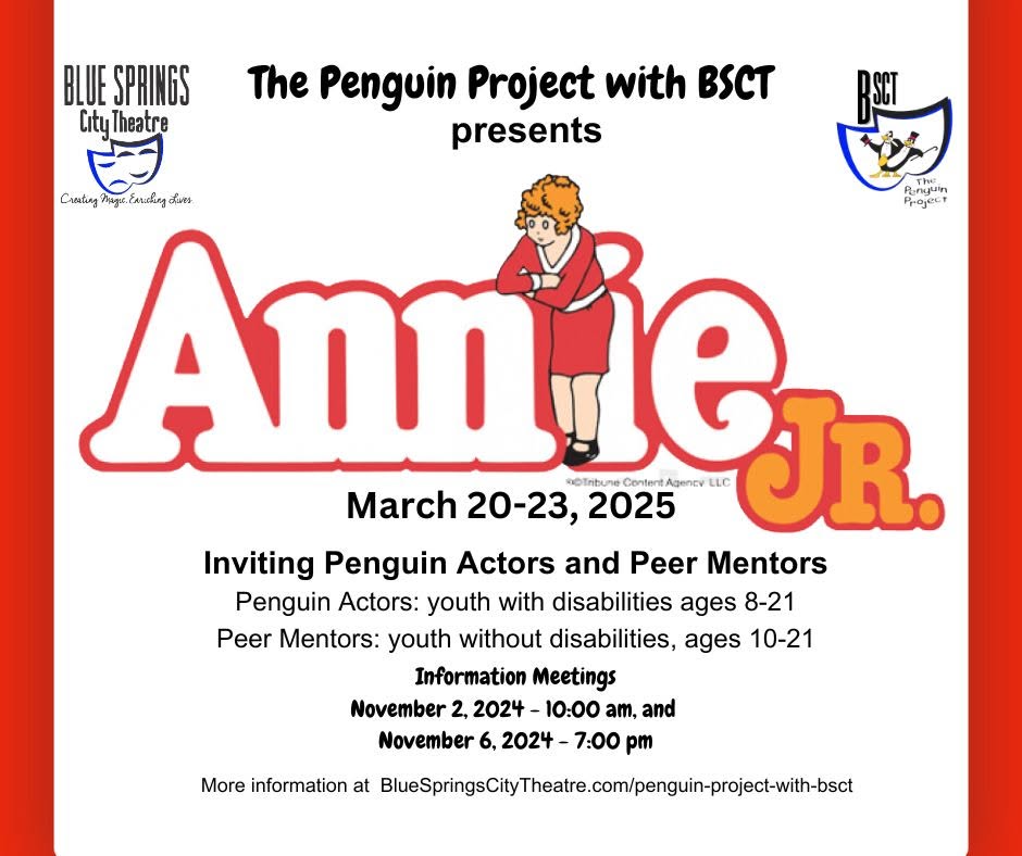 Poster for 'Anne Jr.' musical, presented by Blue Springs City Theatre, running March 20-23, 2025, with details about performances and contact info.