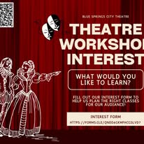 Red curtain background with white text about theatre workshop interest, interest form link, and illustrations of two characters in costume.