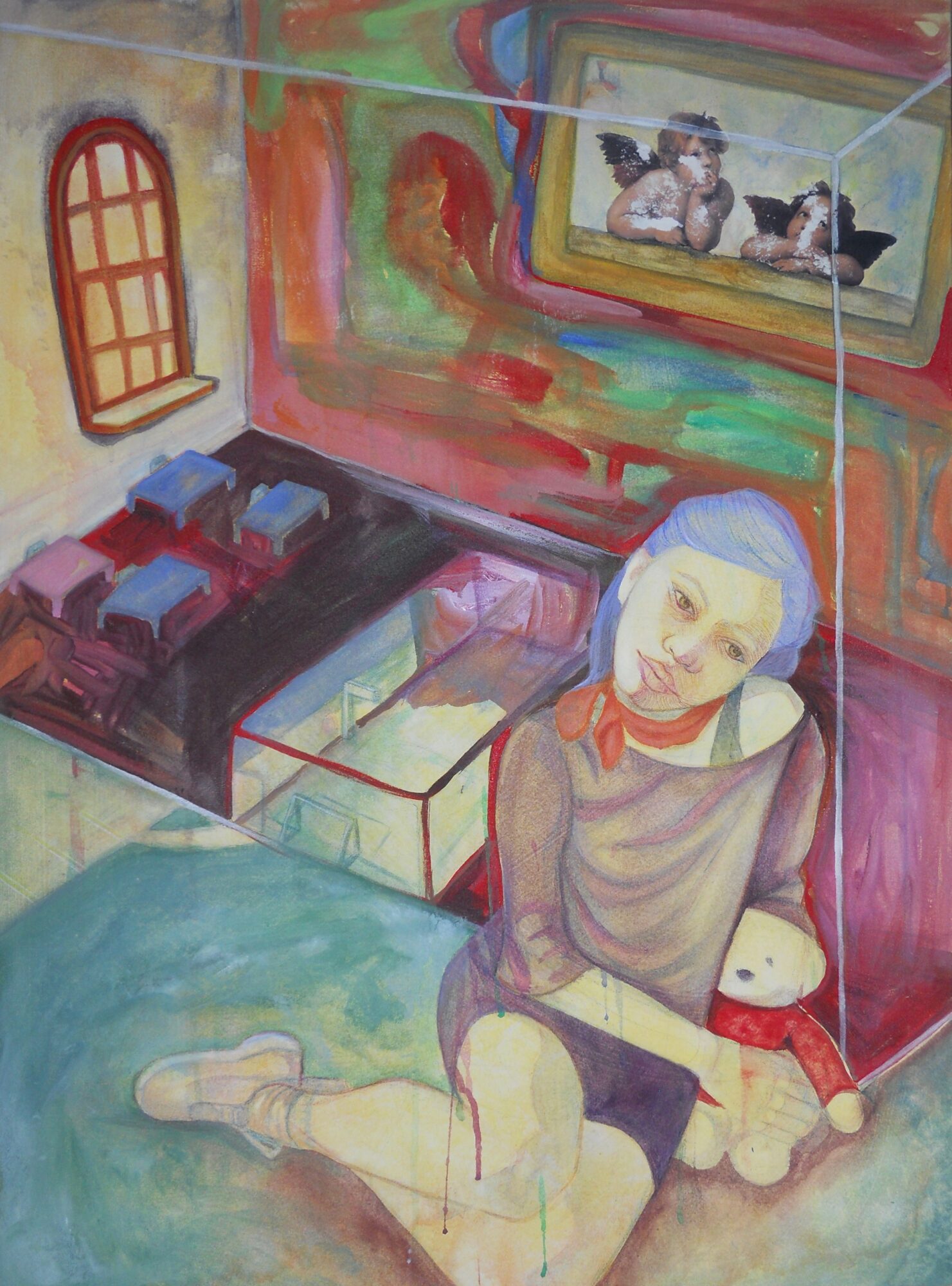A woman with blue hair sitting on the floor, holding a doll, in a colorful room with a window and painting.