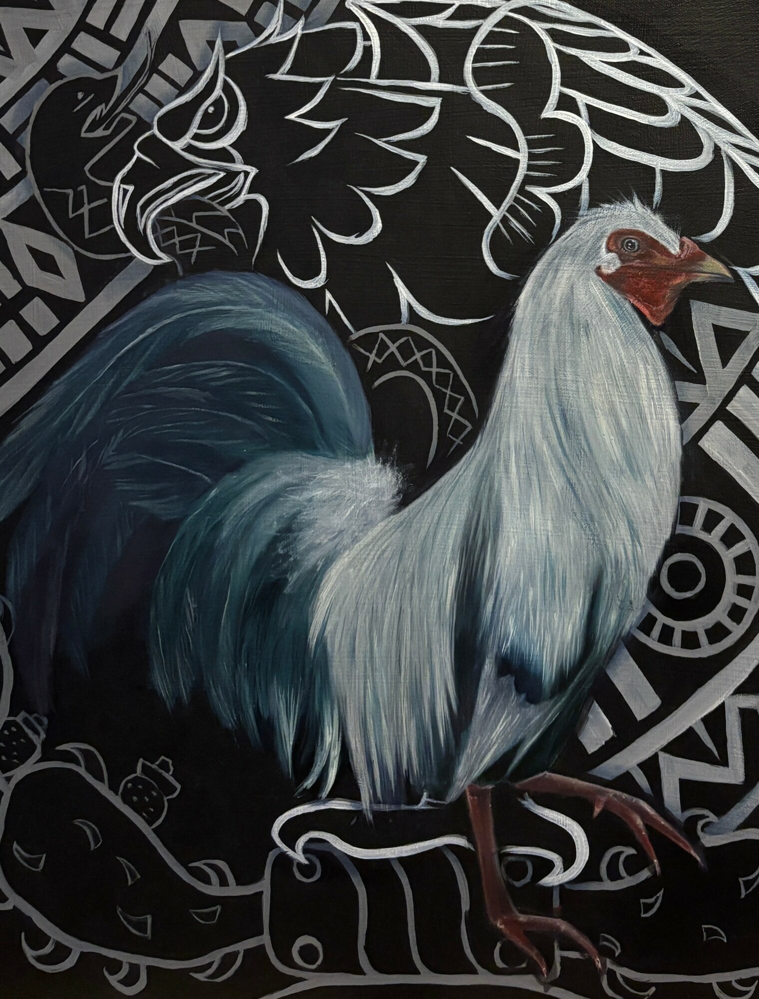 A detailed painting of a white and blue rooster with a red comb, set against a black background with white tribal patterns.
