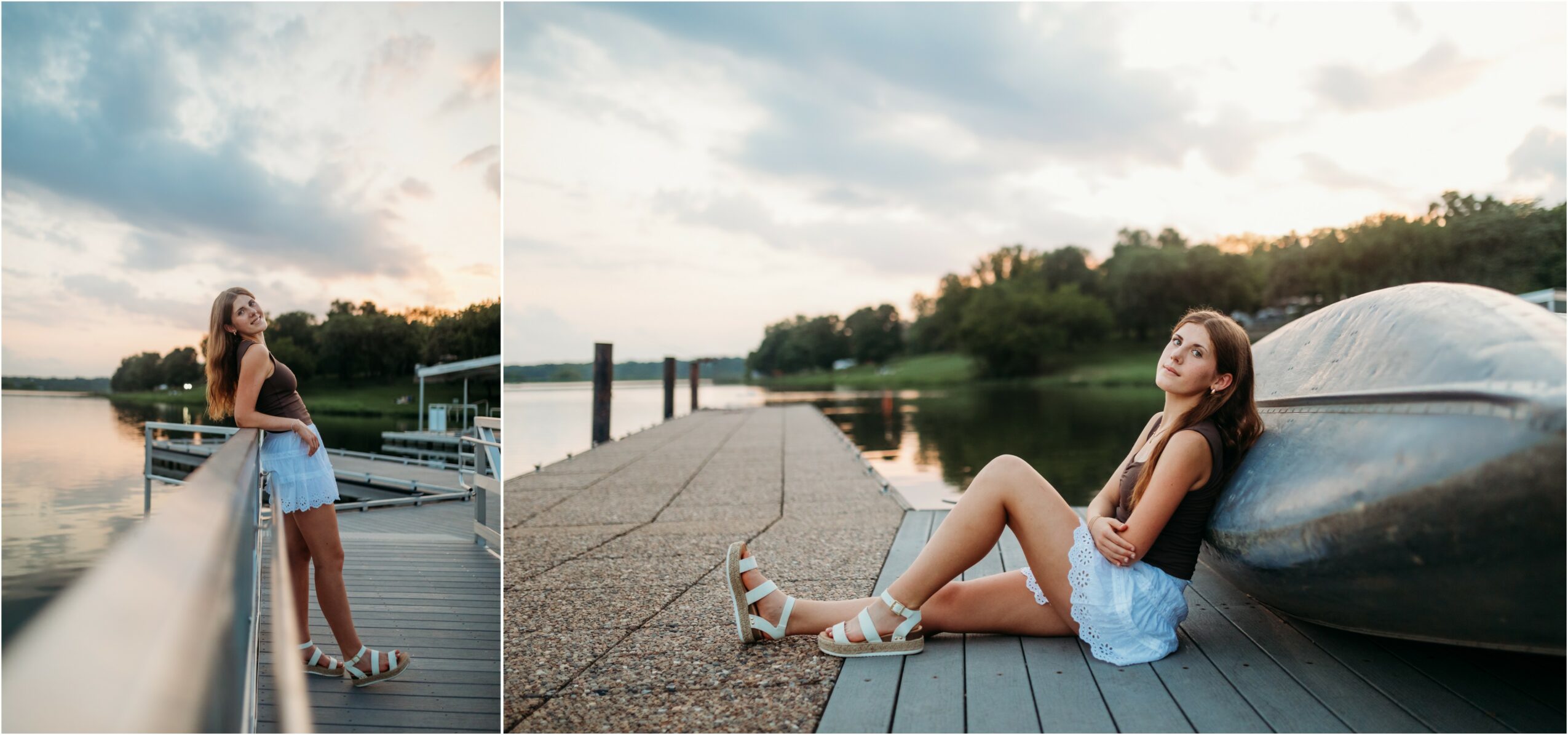 Two women by a river, one standing on a dock and the other sitting on a bench, with trees and water in the background.