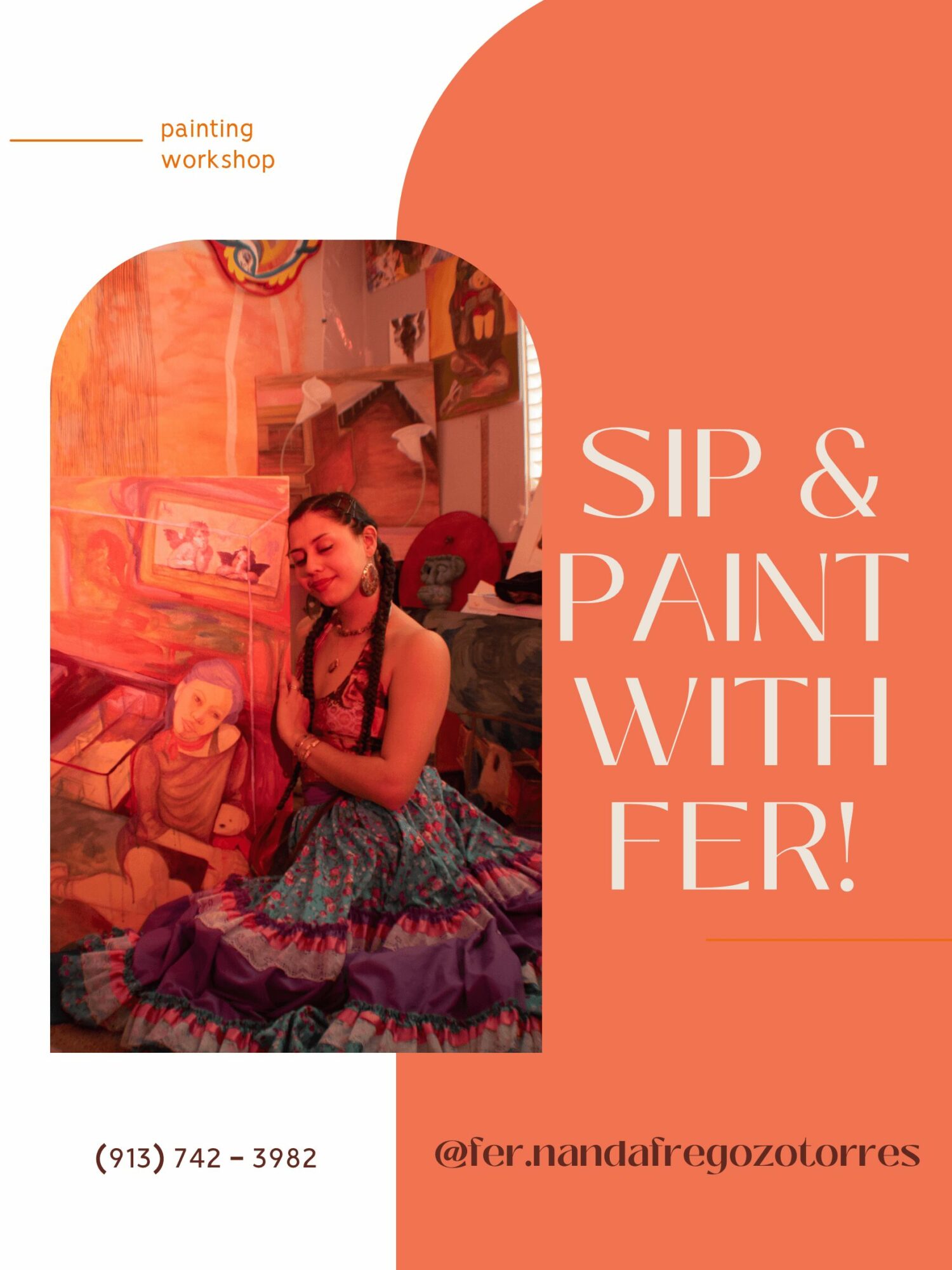 Person sitting on floor in a colorful room with paintings, wearing a dress, smiling. Text: 'SIP & PAINT WITH FER!'.