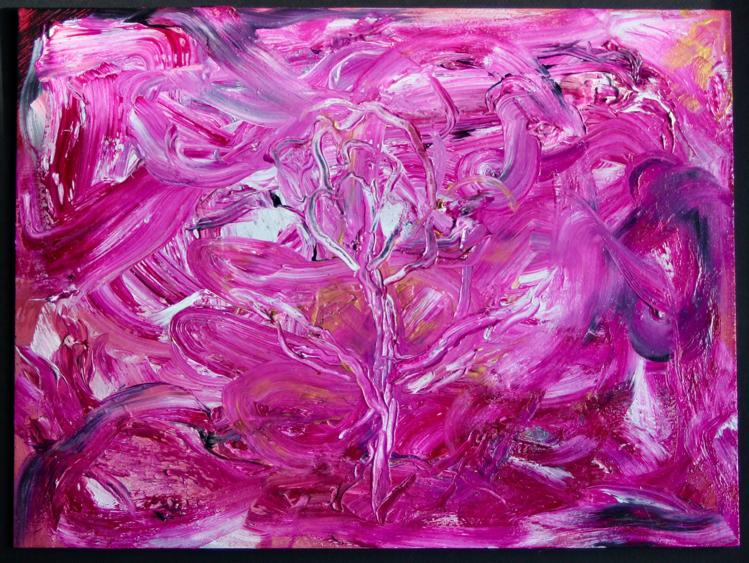 Abstract painting with pink, purple, and white swirling brushstrokes, creating a dynamic composition.