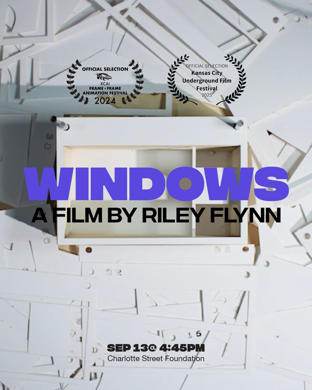 Poster for the film 'WINDWS' by Riley Flynn, showing awards and screening details, with a white background and purple title.