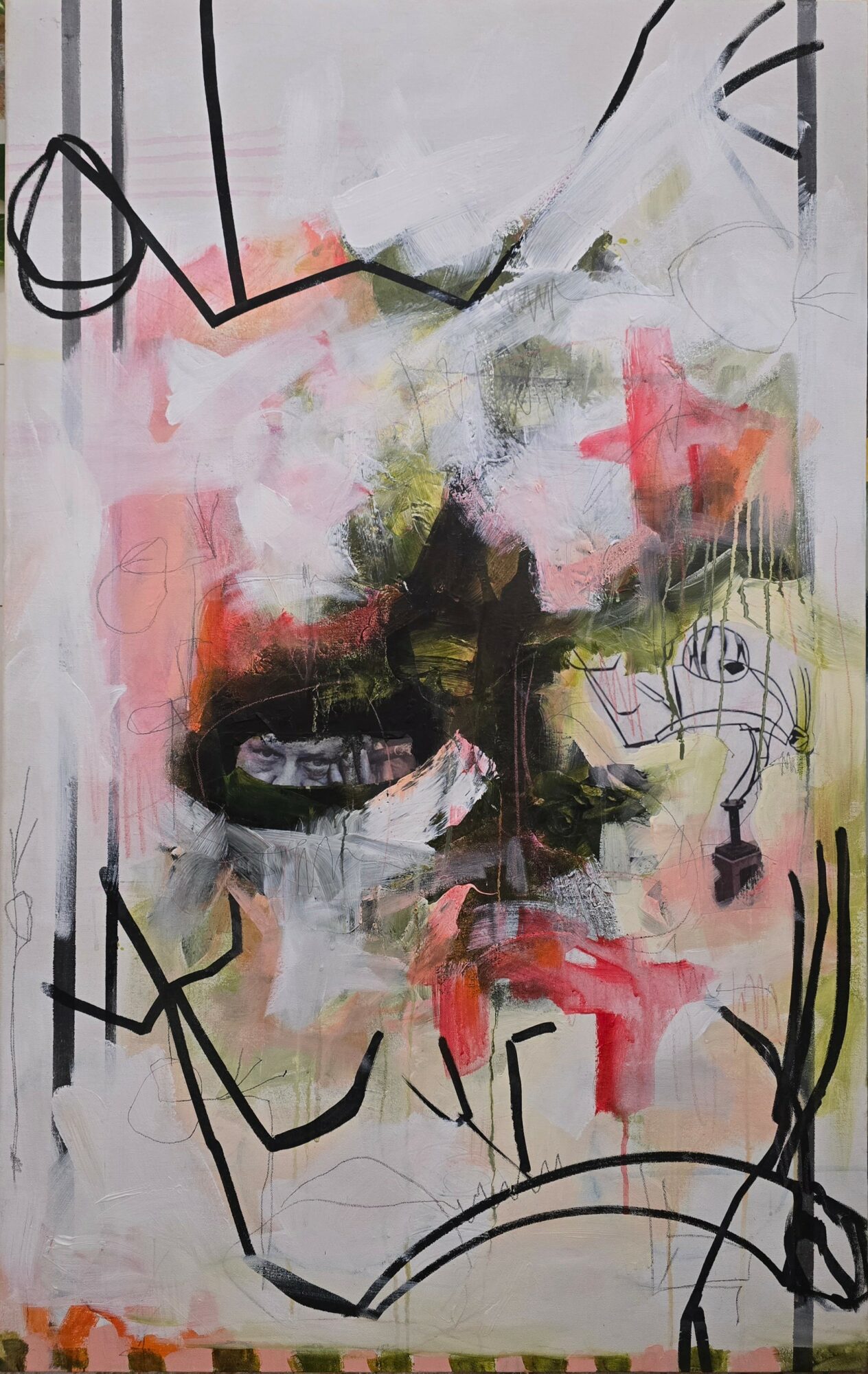 Abstract painting with black, pink, red, green, and white brushstrokes and lines, some resembling faces or figures.