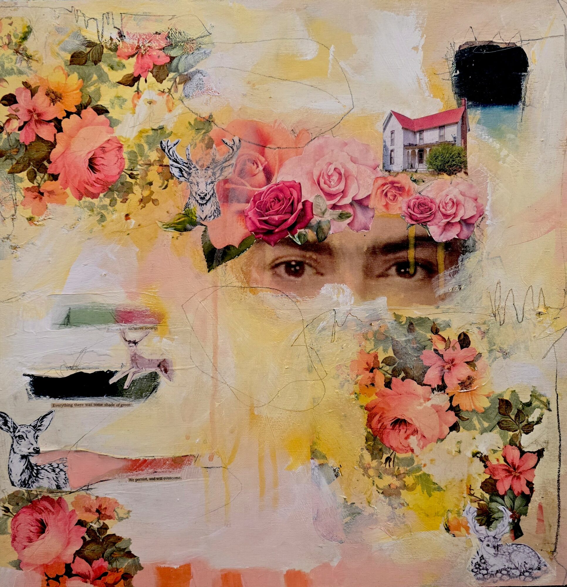 A collage with flowers, a house, and a person's eyes peeking through, blending various images and textures.