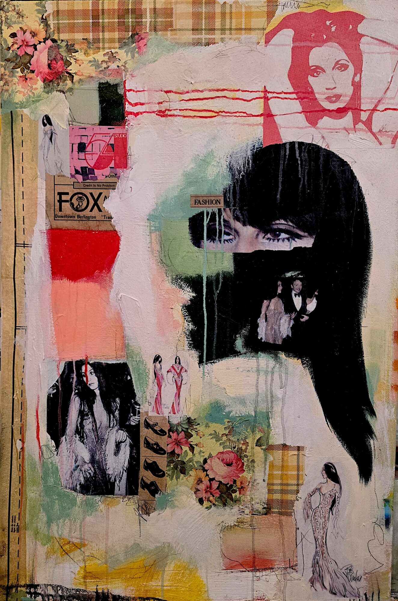 Collage with images of women, flowers, and abstract elements, including a large black-haired woman and smaller photos, mixed media style.