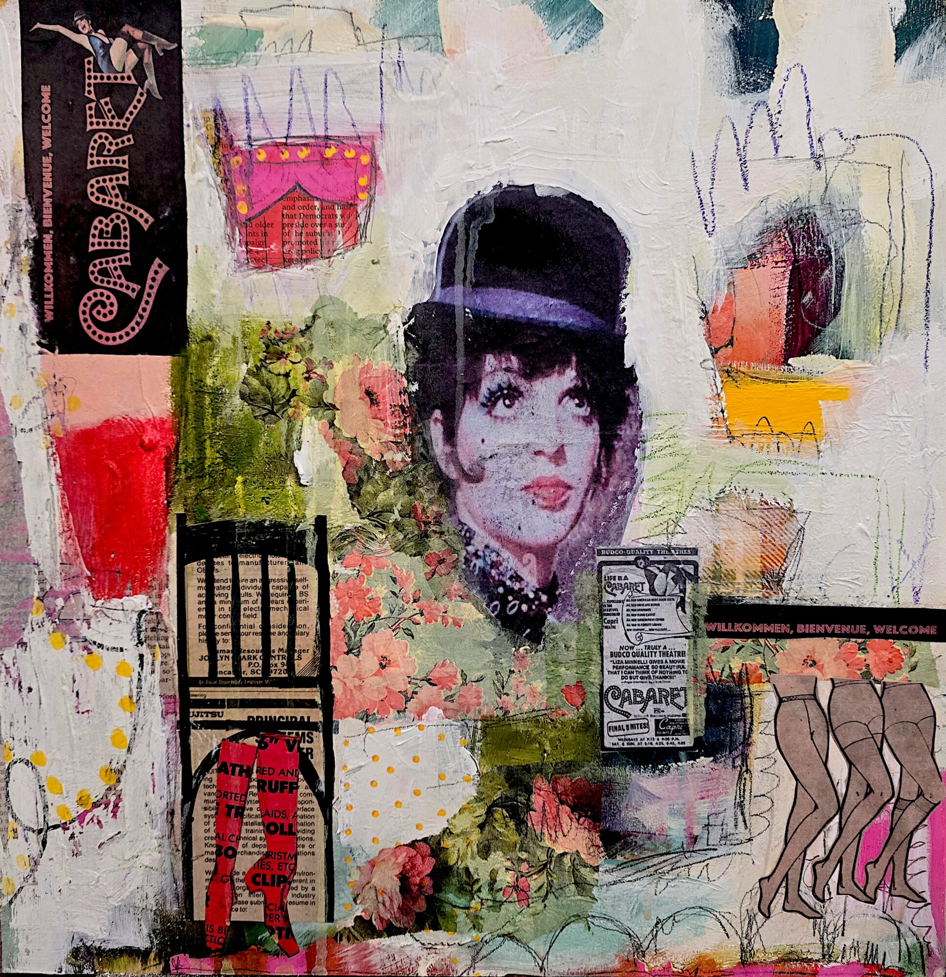 Collage with a woman's face, chairs, colorful drawings, and text elements, mixed with floral and abstract patterns.