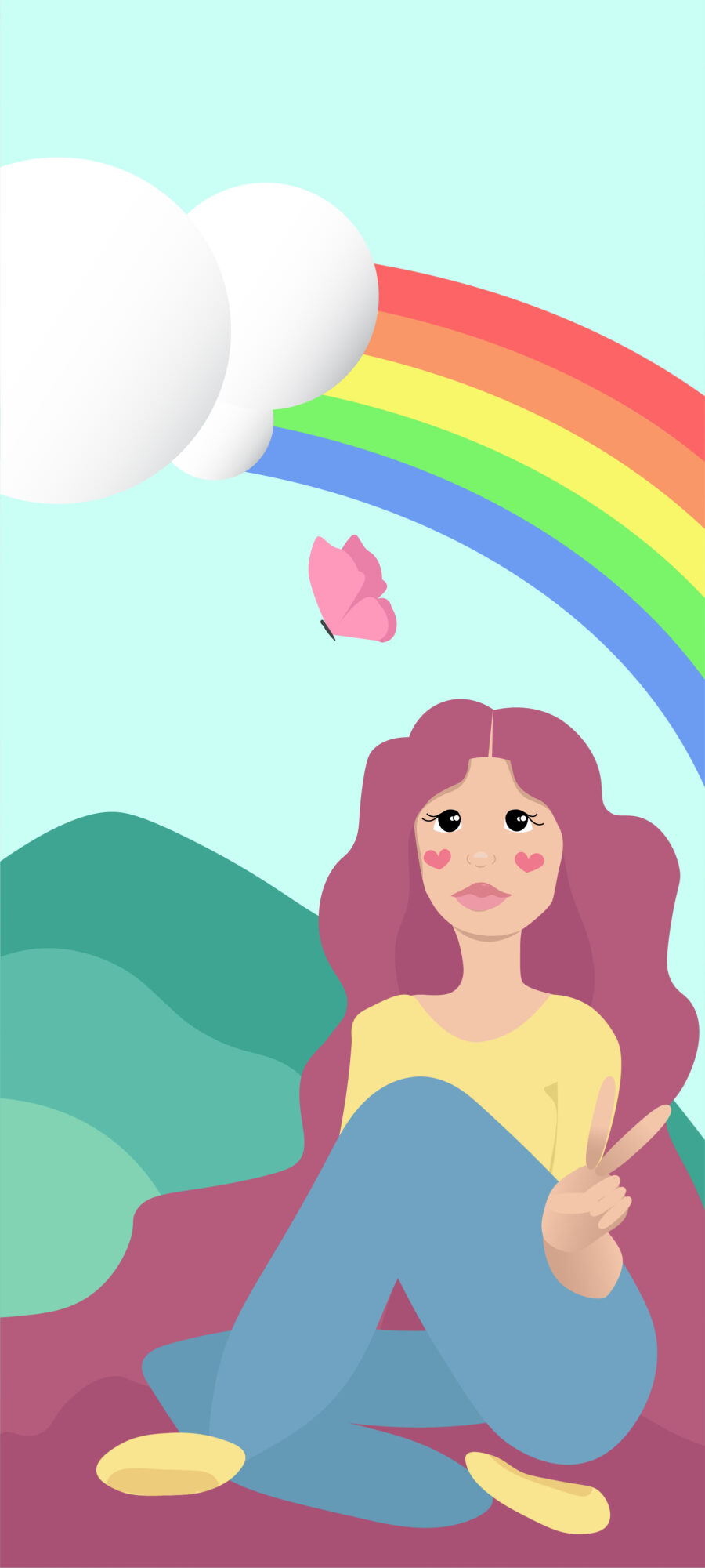 Girl with pink hair sitting outdoors, rainbow in sky, pink bird flying, green hills background, sitting cross-legged, holding a stick.