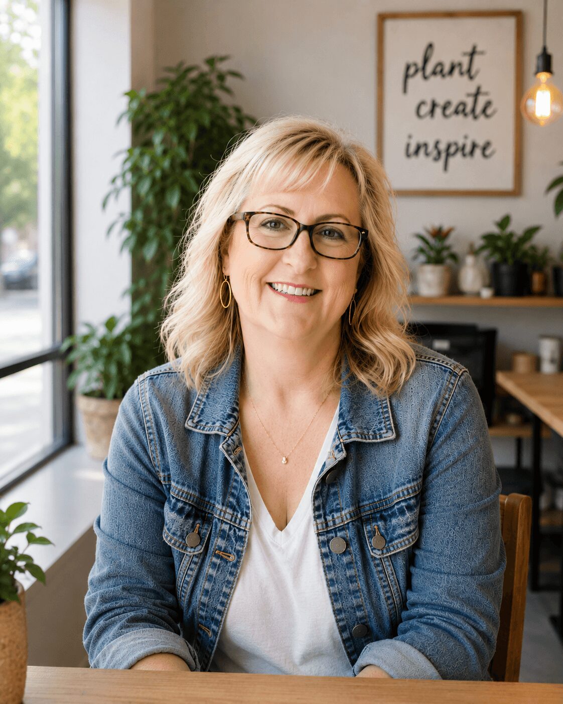 Smiling woman with glasses and blonde hair, wearing a denim jacket, sitting indoors with plants and a framed quote in the background.