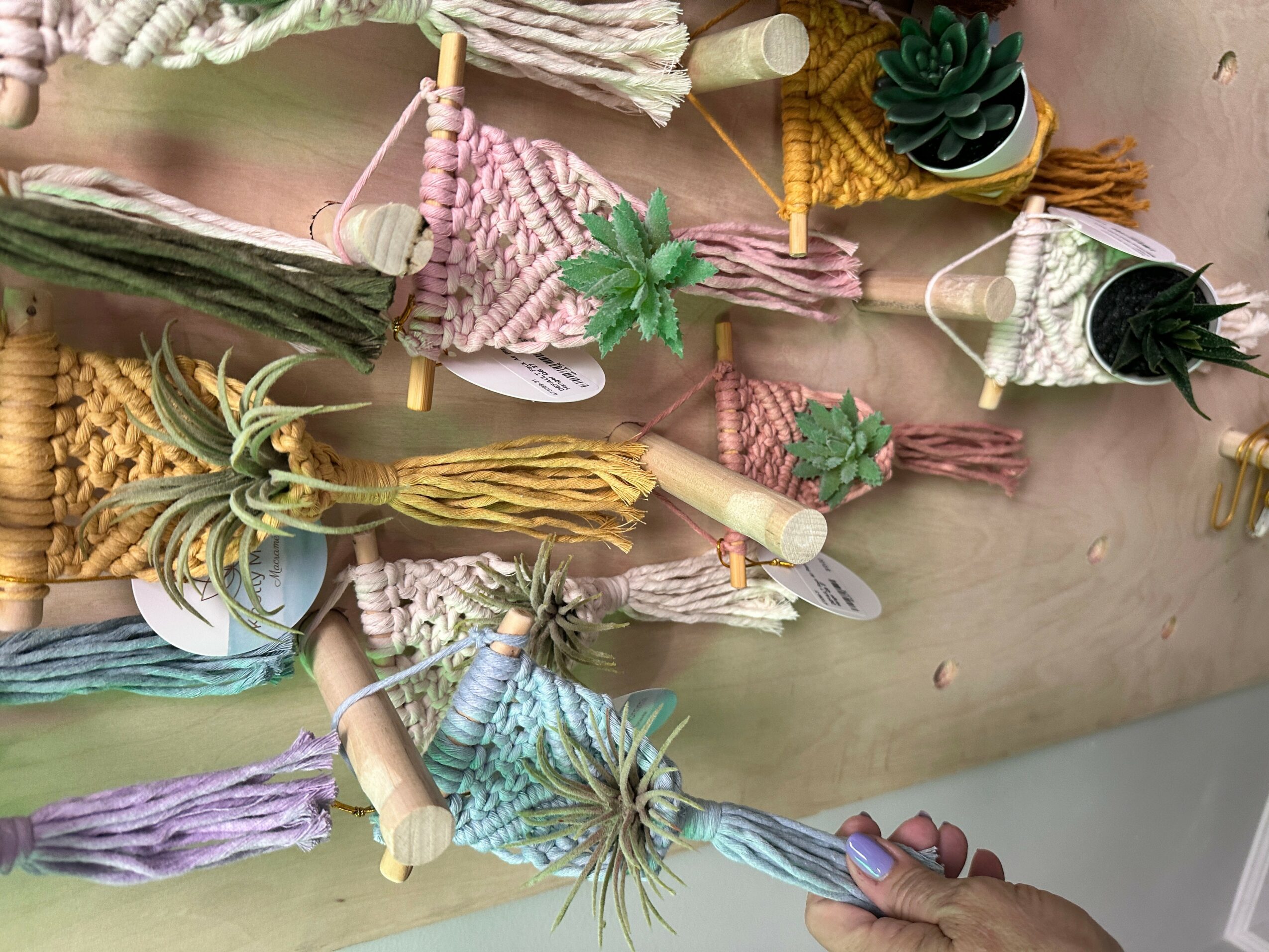 Colorful handmade woven wall hangings with tassels and plant decorations, displayed on a wall.