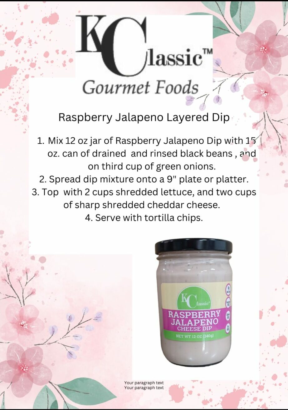 Product label for raspberry jalapeno layered dip with pink watercolor floral background, jar of dip, and recipe instructions.