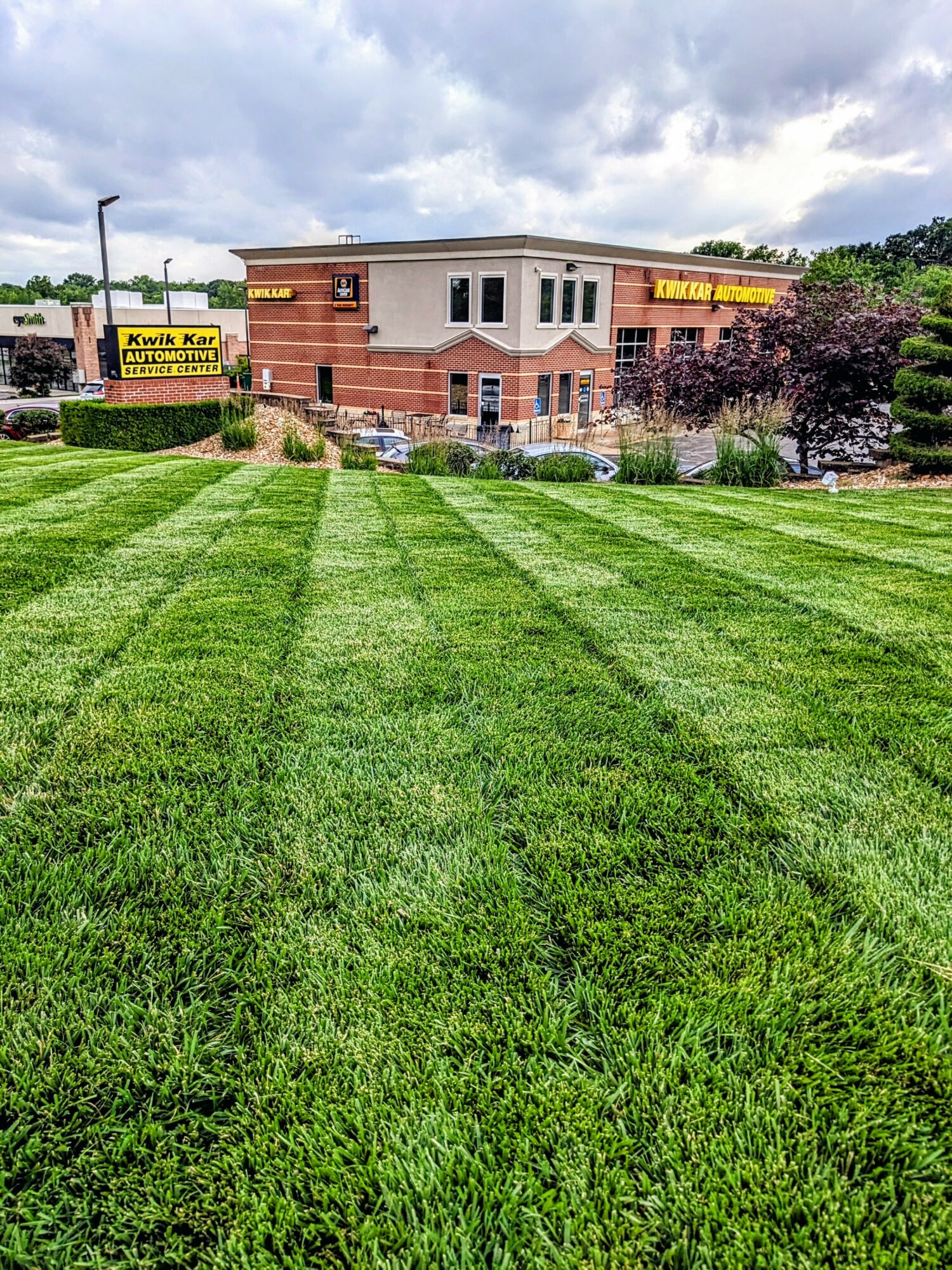 Well-maintained green lawn with striped grass, building with signs, trees, and cloudy sky in the background.
