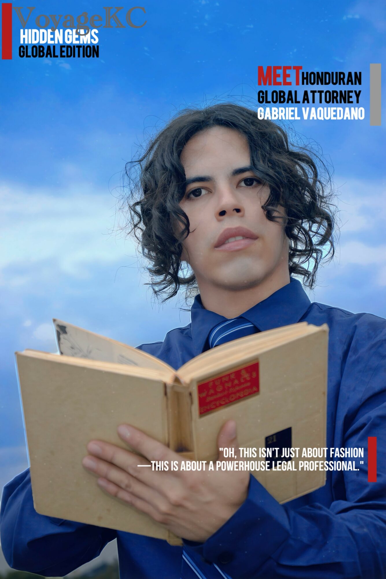 Young person with curly hair holding an open book against a blue sky background, wearing a blue shirt and tie.
