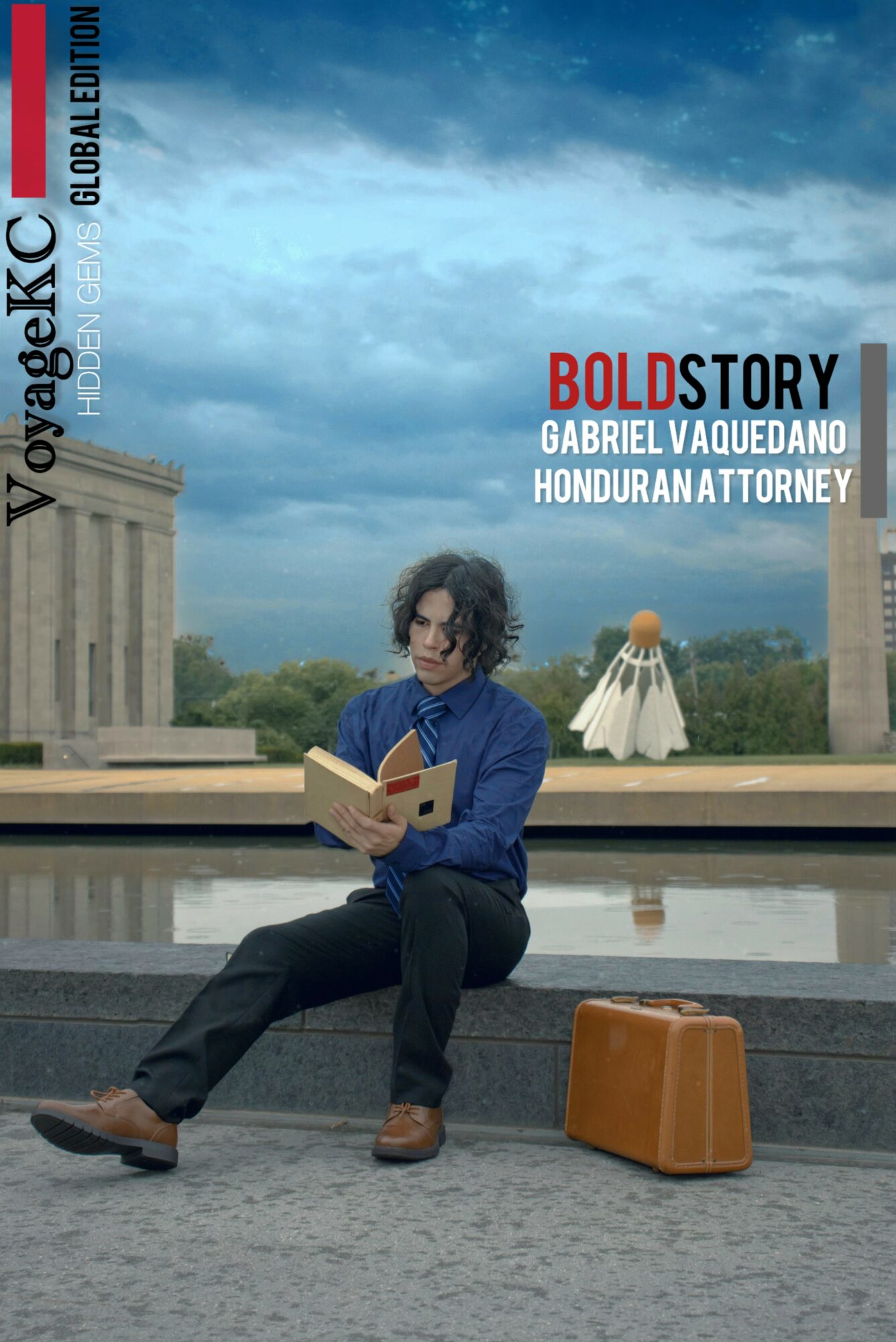 Person sitting on a ledge reading a book, with a monument and a small tent in the background, under a cloudy sky.