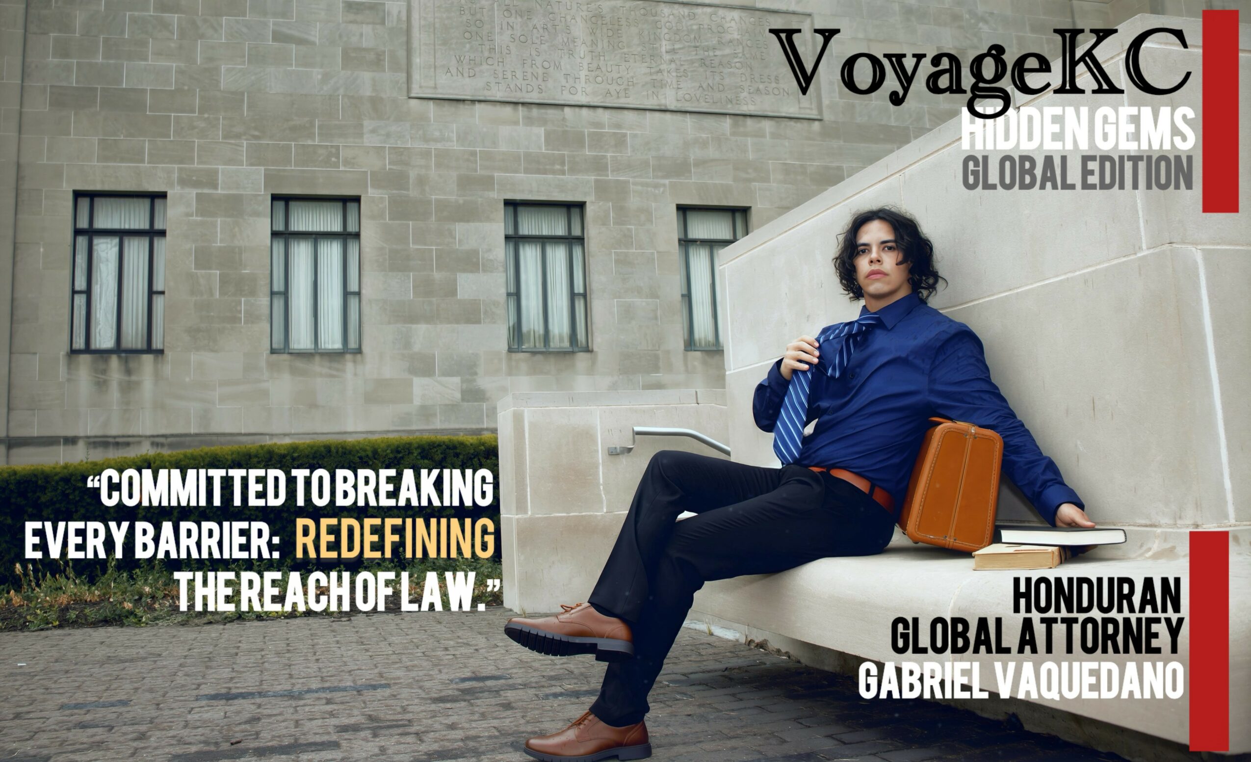 Woman sitting on a bench against a stone building, holding a bag, with text about law and a legal figure.