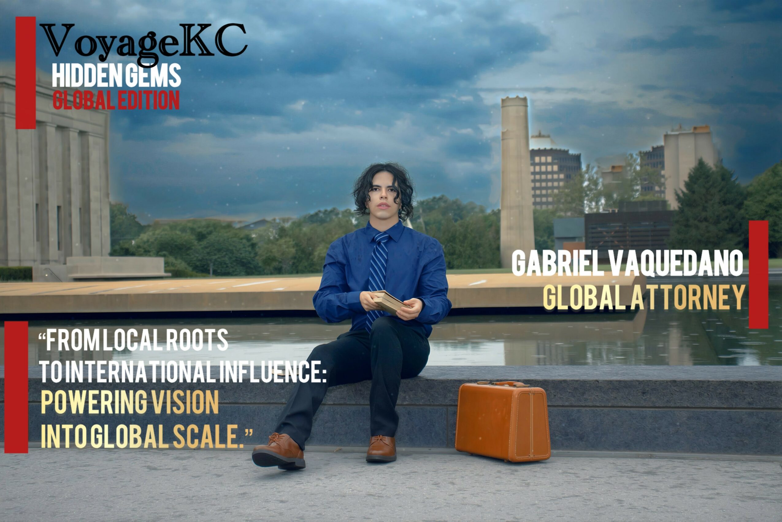 Person sitting on a rooftop with cityscape background, holding a book, with text overlay about global influence and law.