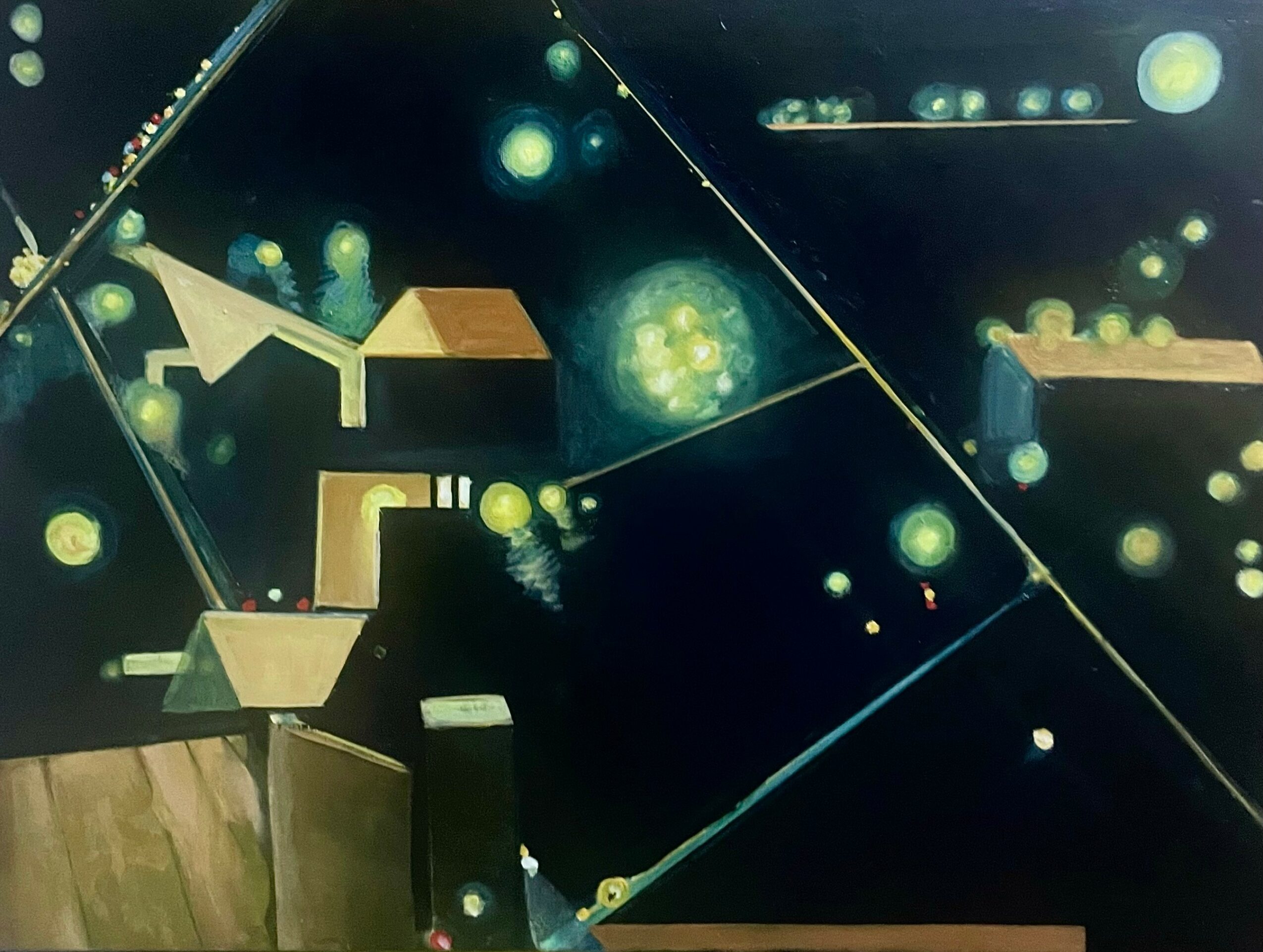 Abstract artwork with geometric shapes and glowing orbs against a dark background.