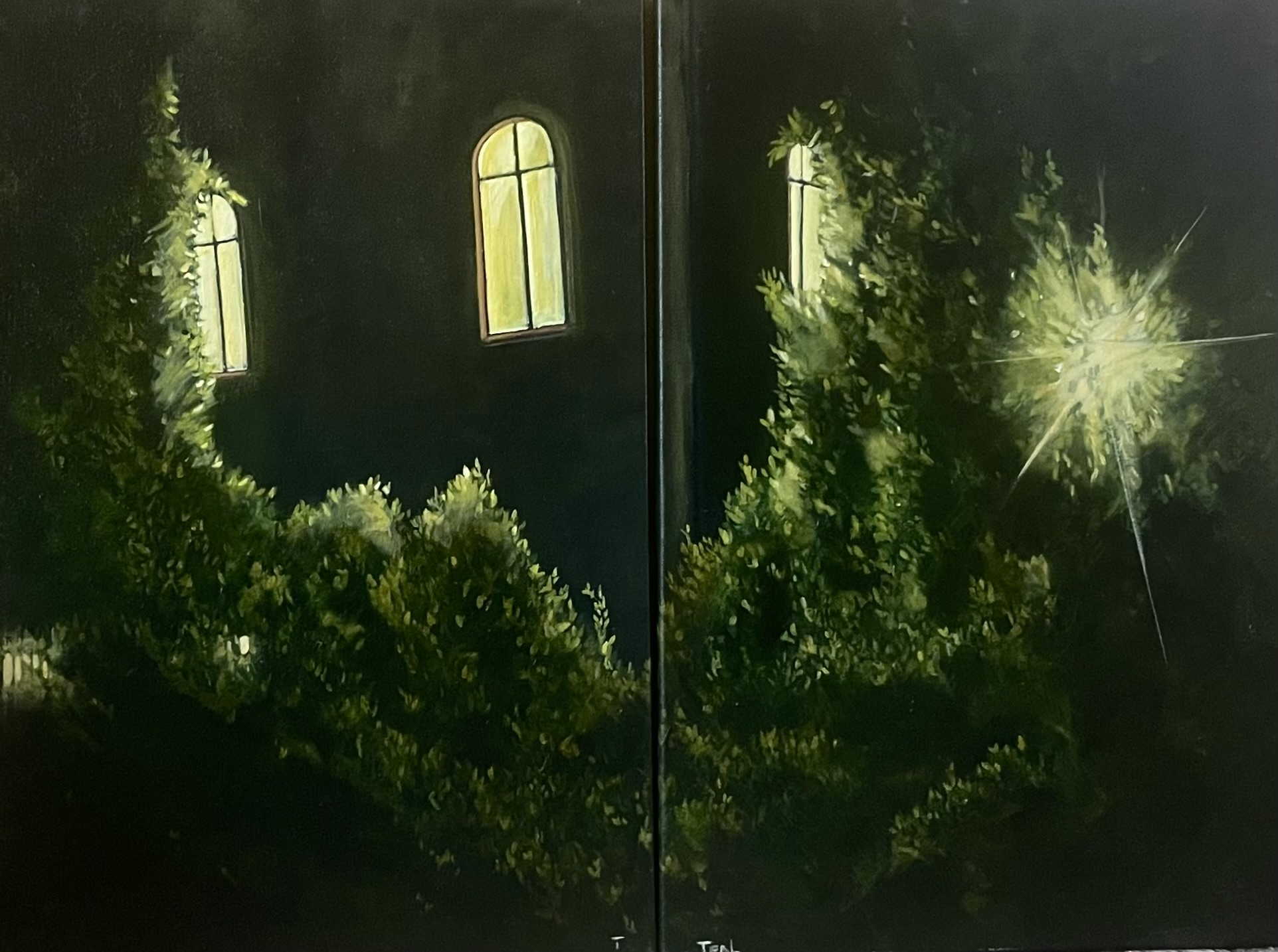 Night scene with illuminated windows and trees, bright star-like light in the sky, dark background, and greenery.