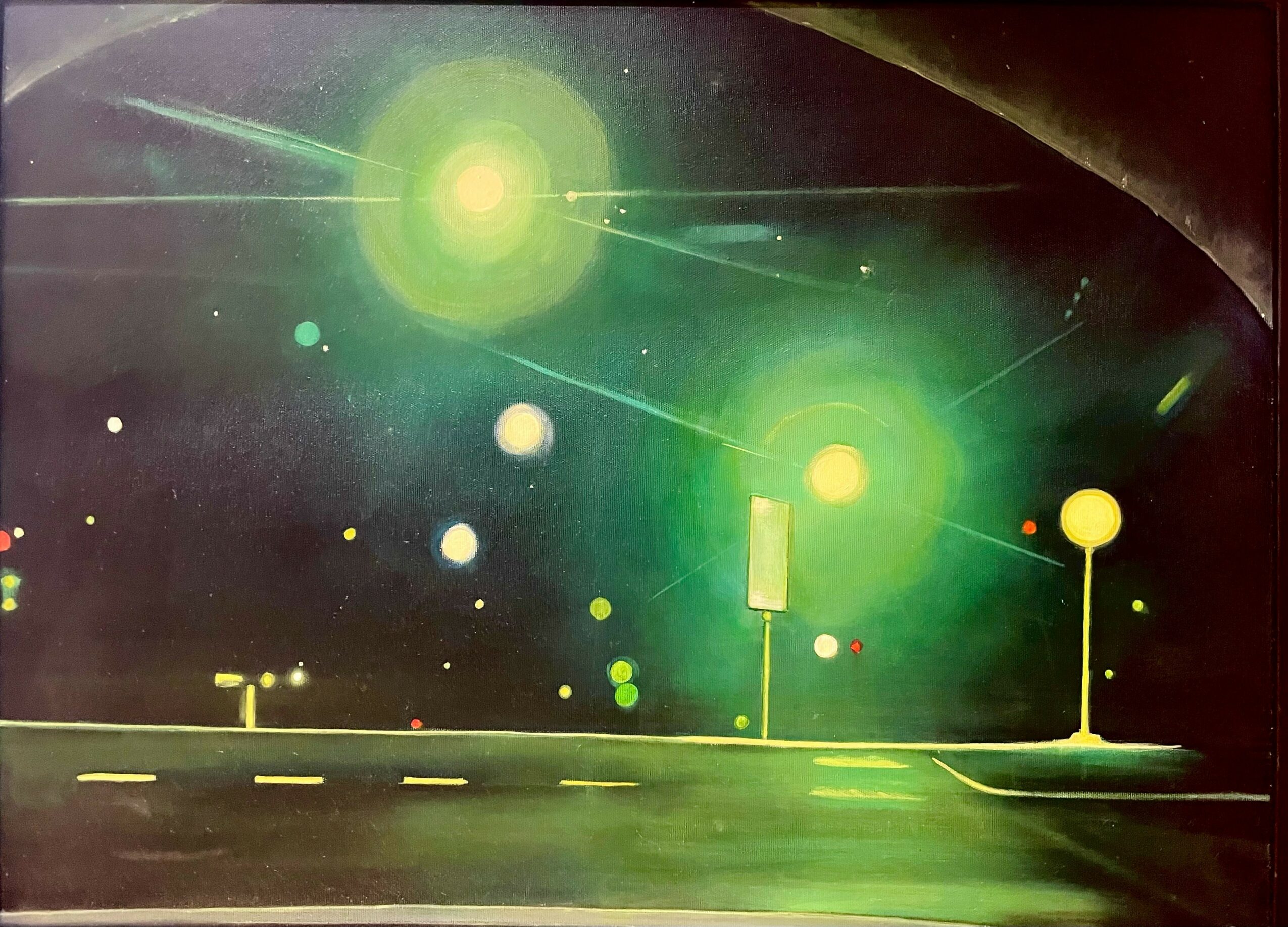 Night sky with bright green celestial objects and streaks, over a dark road with streetlights and a sign, illuminated faintly.