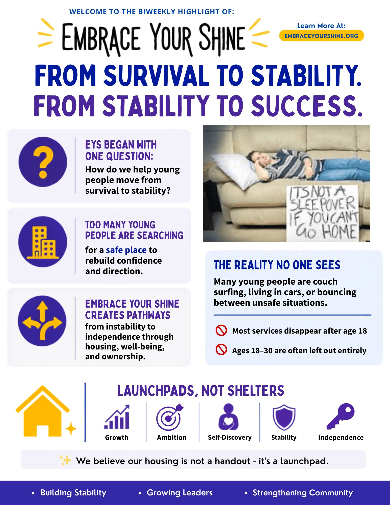 Poster with text about stability, success, and resilience, including a person holding a sign and icons for growth and independence.