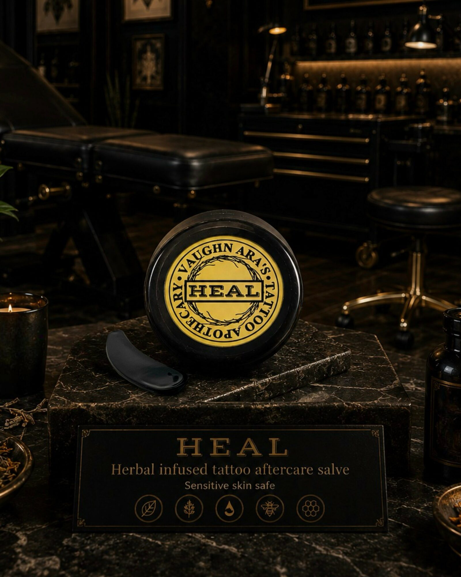 A round container with a yellow label reading 'HEAL' on a dark marble surface in a bar setting.