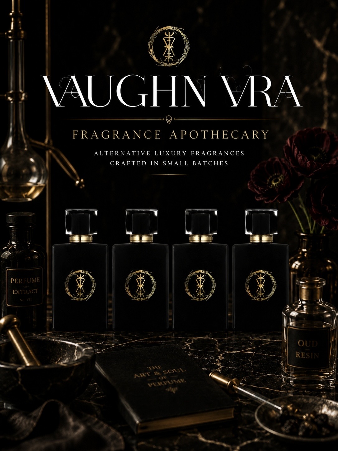 Vaughn Vra fragrance bottles displayed on a dark marble surface with a black background and gold accents.