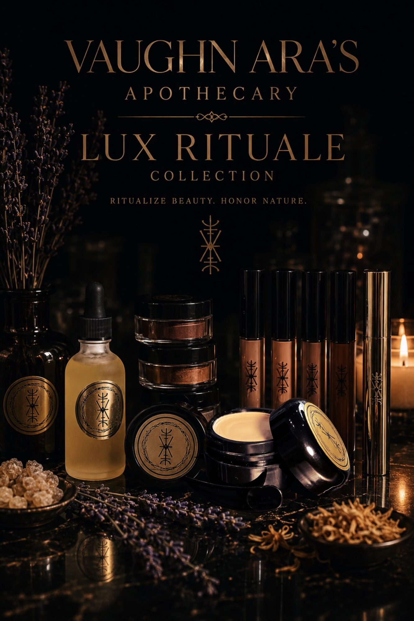 Display of apothecary products with candles and decorative items on a dark surface, with a black background and warm lighting.