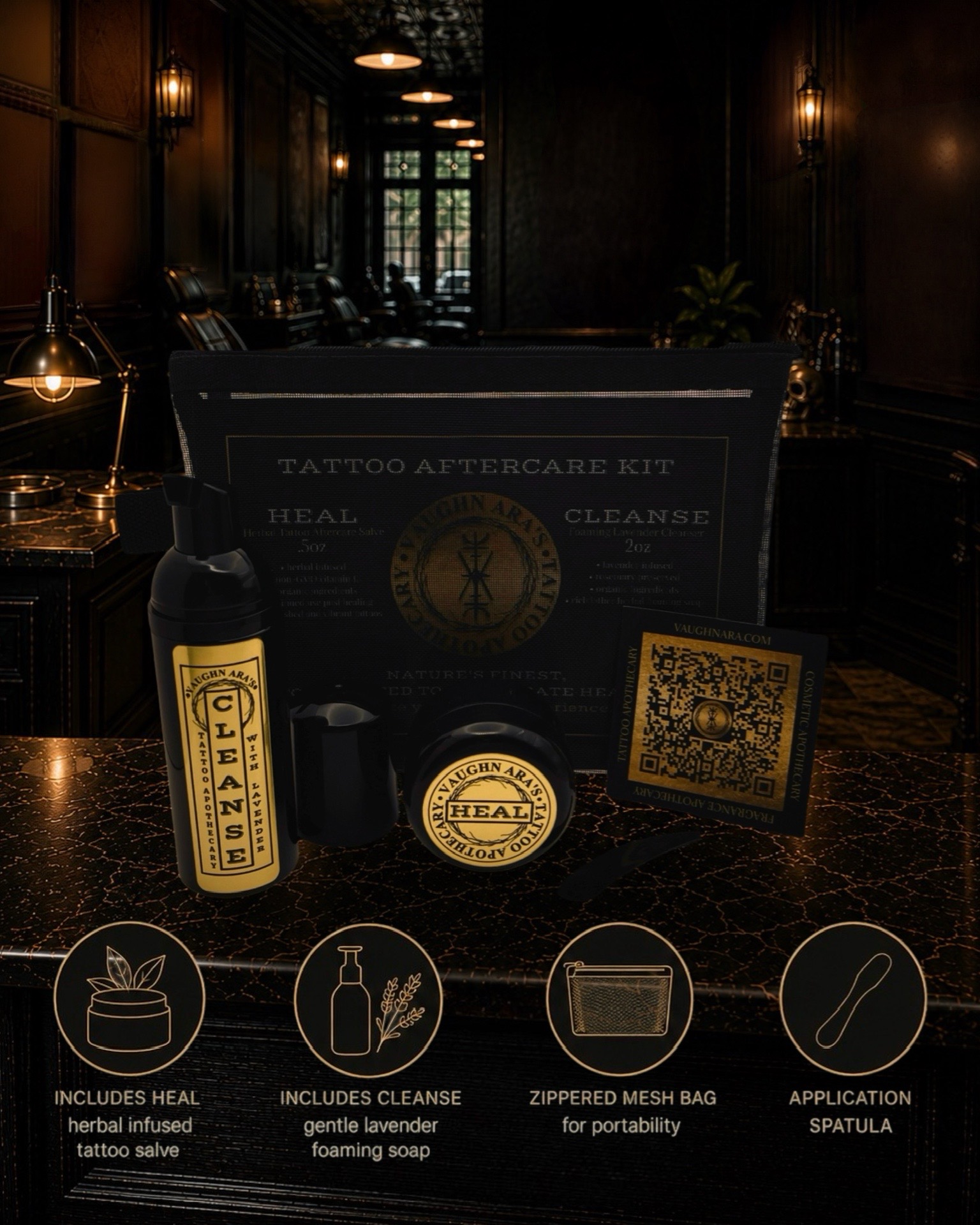Tattoo aftercare kit with herbal ointment, cleanse gel, and applicator spatula on a dark table, in a dimly lit room.