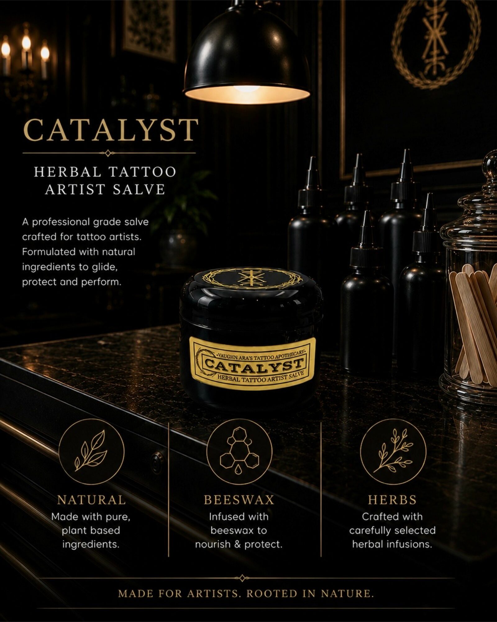 A black jar labeled 'Catalyst' on a dark countertop with candles and herbal products in background.