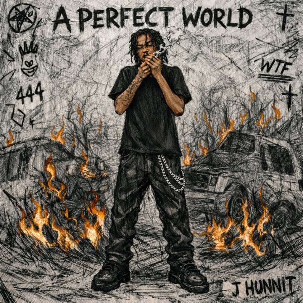 Young man with tattoos and chains standing in front of a burning scene with cars, graffiti, and text, titled 'A Perfect World'.