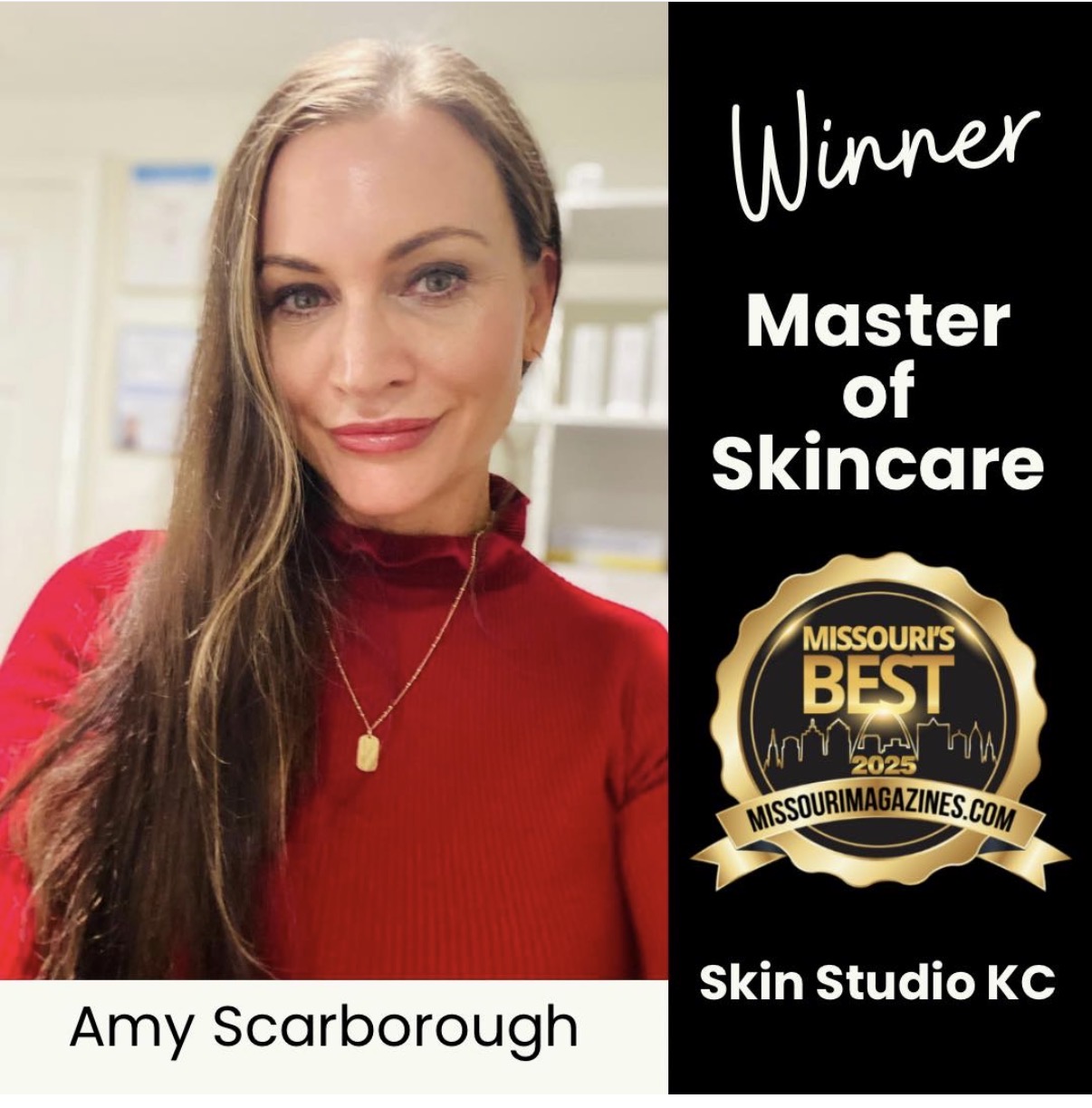Woman with long brown hair in a red top, smiling, in a skincare award display, named Amy Scarborough.