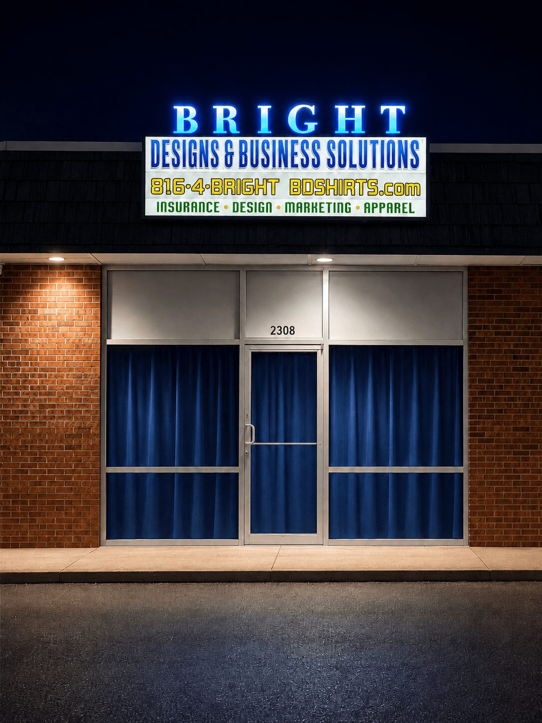 Storefront with a sign for Bright Designs & Business Solutions, blue curtains, brick walls, and a glass door, night setting.