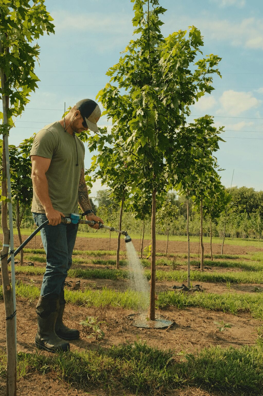 Person watering a young tree in a park with multiple trees and a blue sky.