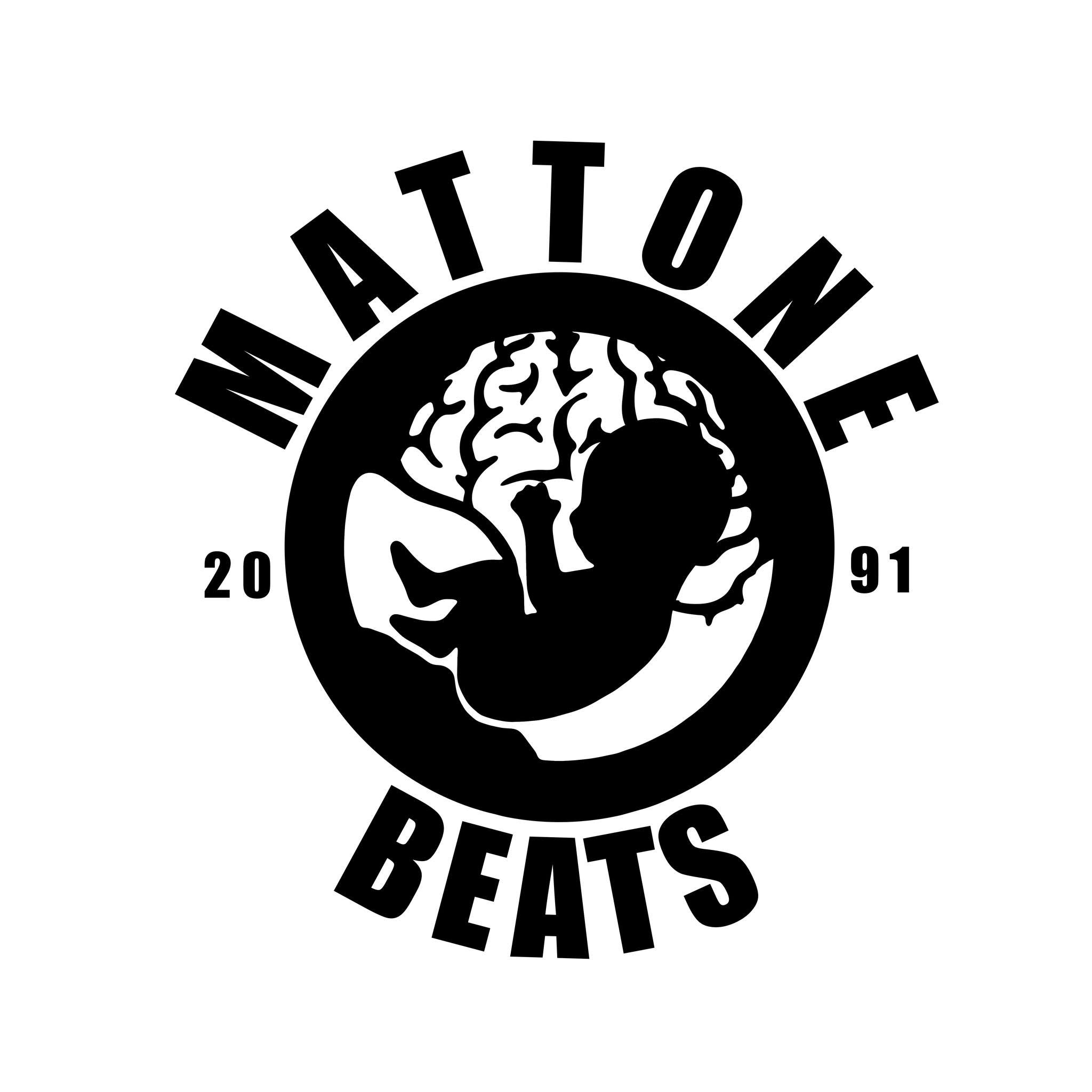 Black and white logo with a brain and a person reading a book, text 'MATIONE BEATS', and the year 1991.