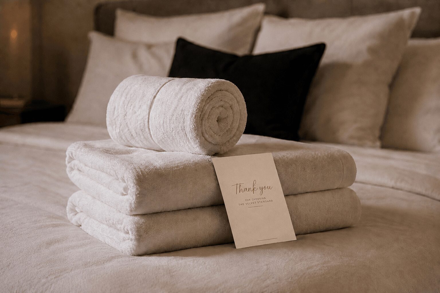 Stacked folded towels with a rolled towel on top, on a bed with pillows in the background.