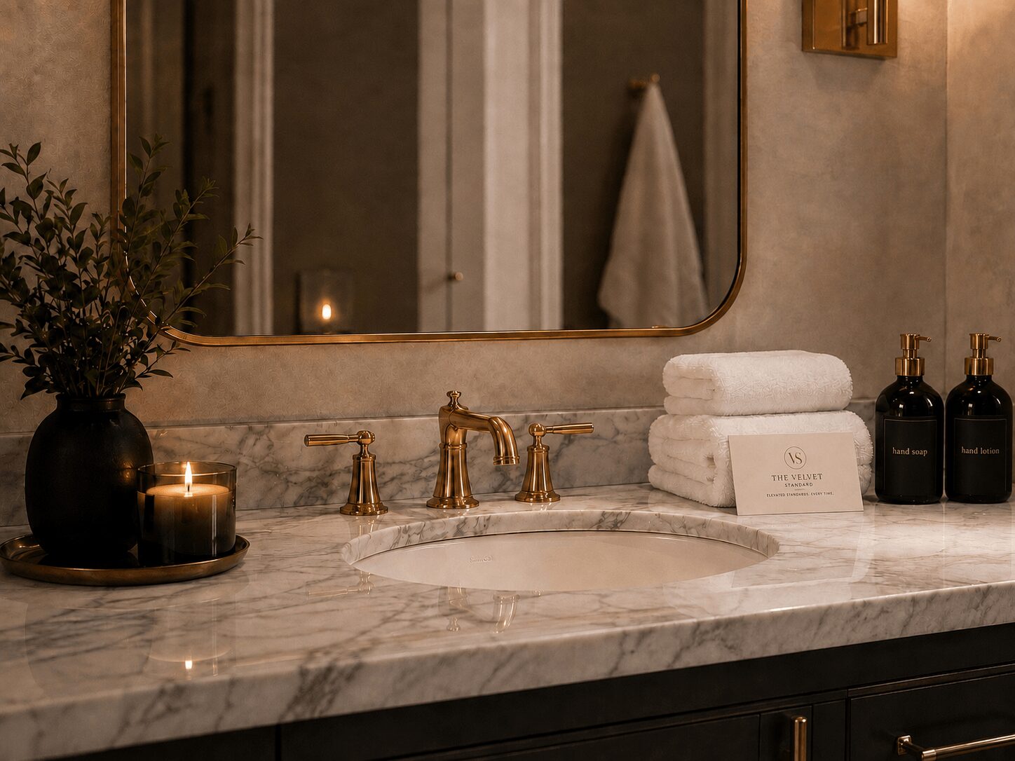 Bathroom sink with gold faucet, stacked towels, candles, and black bottles on marble countertop, mirror and towel in background.