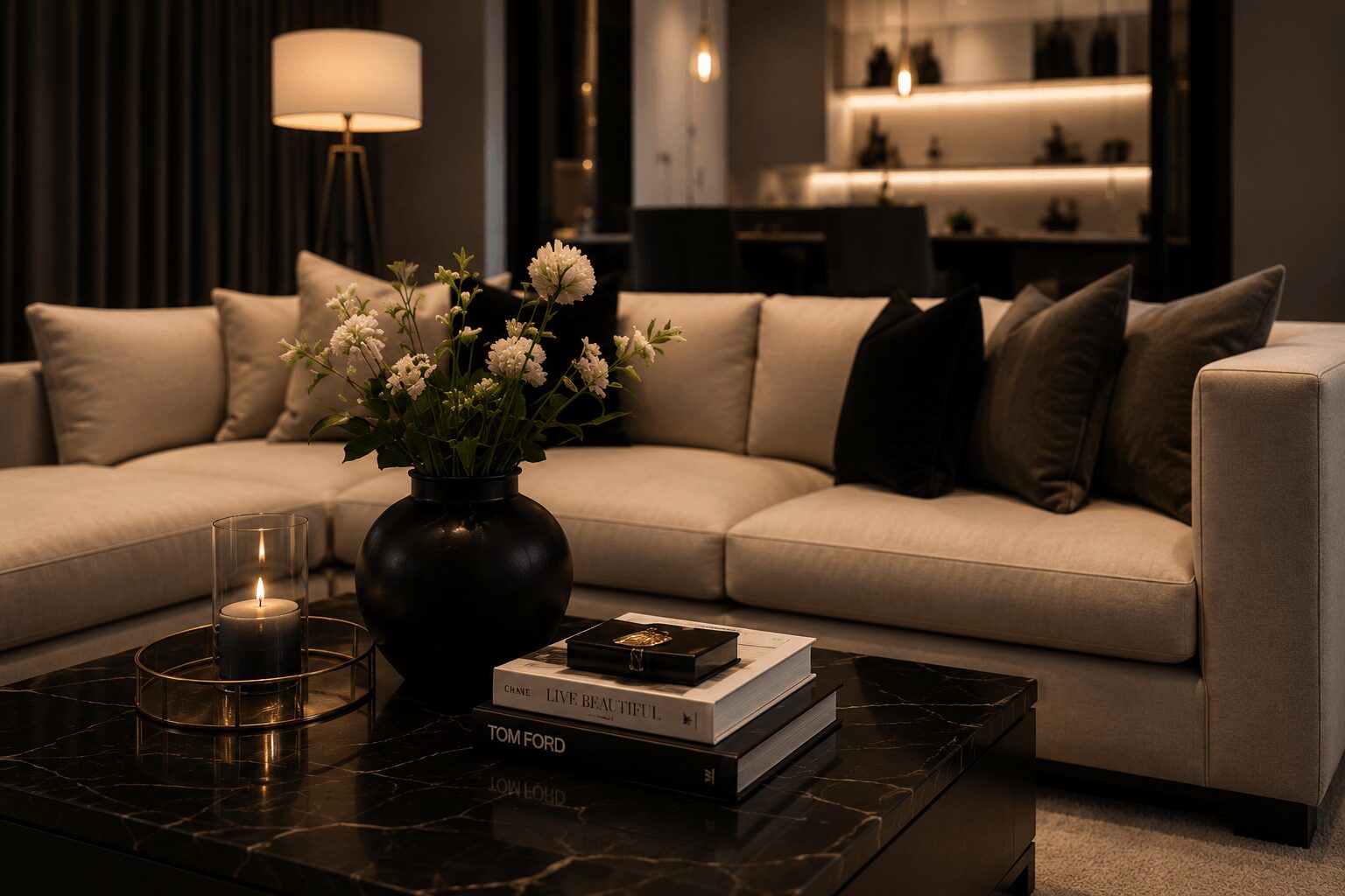 Living room with a beige sectional sofa, black pillows, a black vase with flowers, and a coffee table with books and candles.