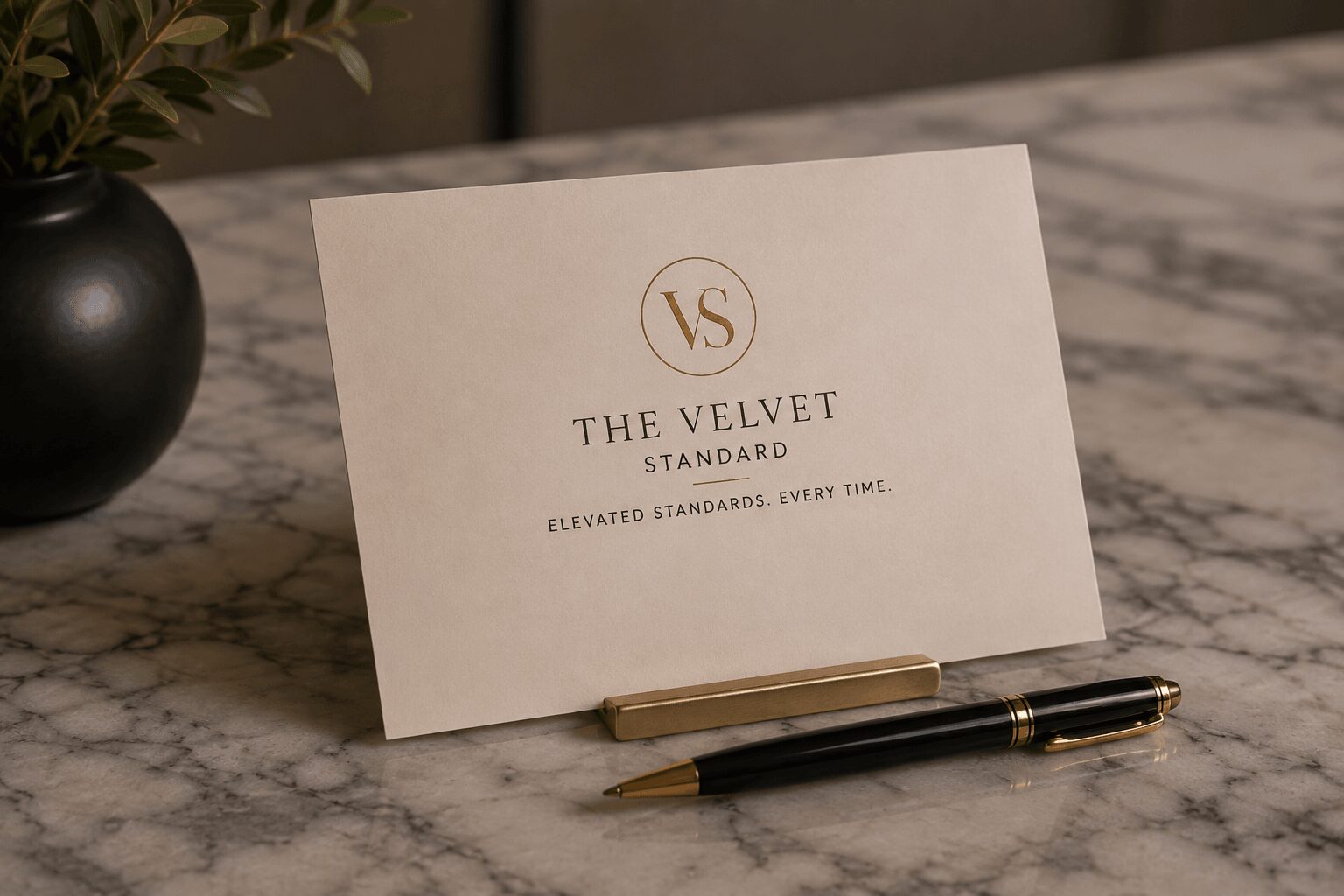 Business card with logo and text on marble surface, next to a black pen and a black vase with a plant.