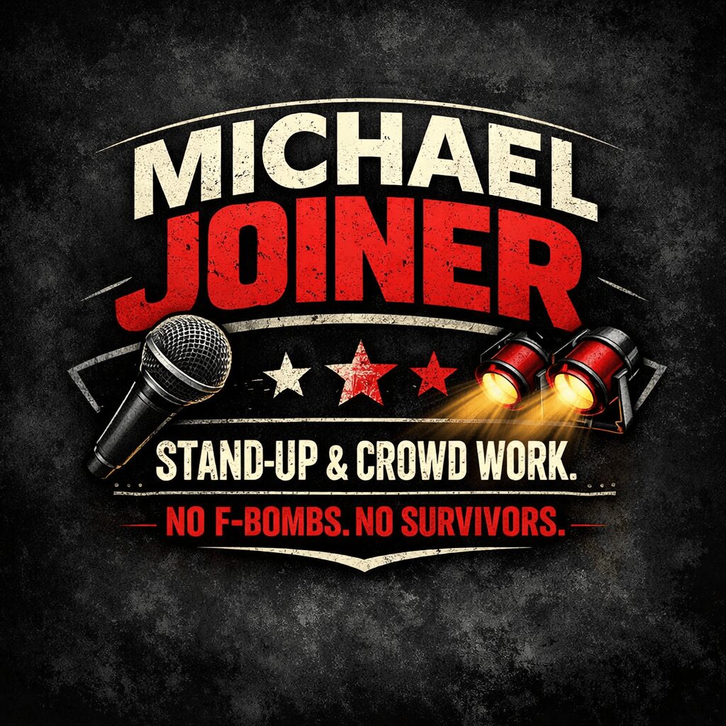 Text with microphone and stage lights, promoting stand-up comedy and crowd work, with a dark background.