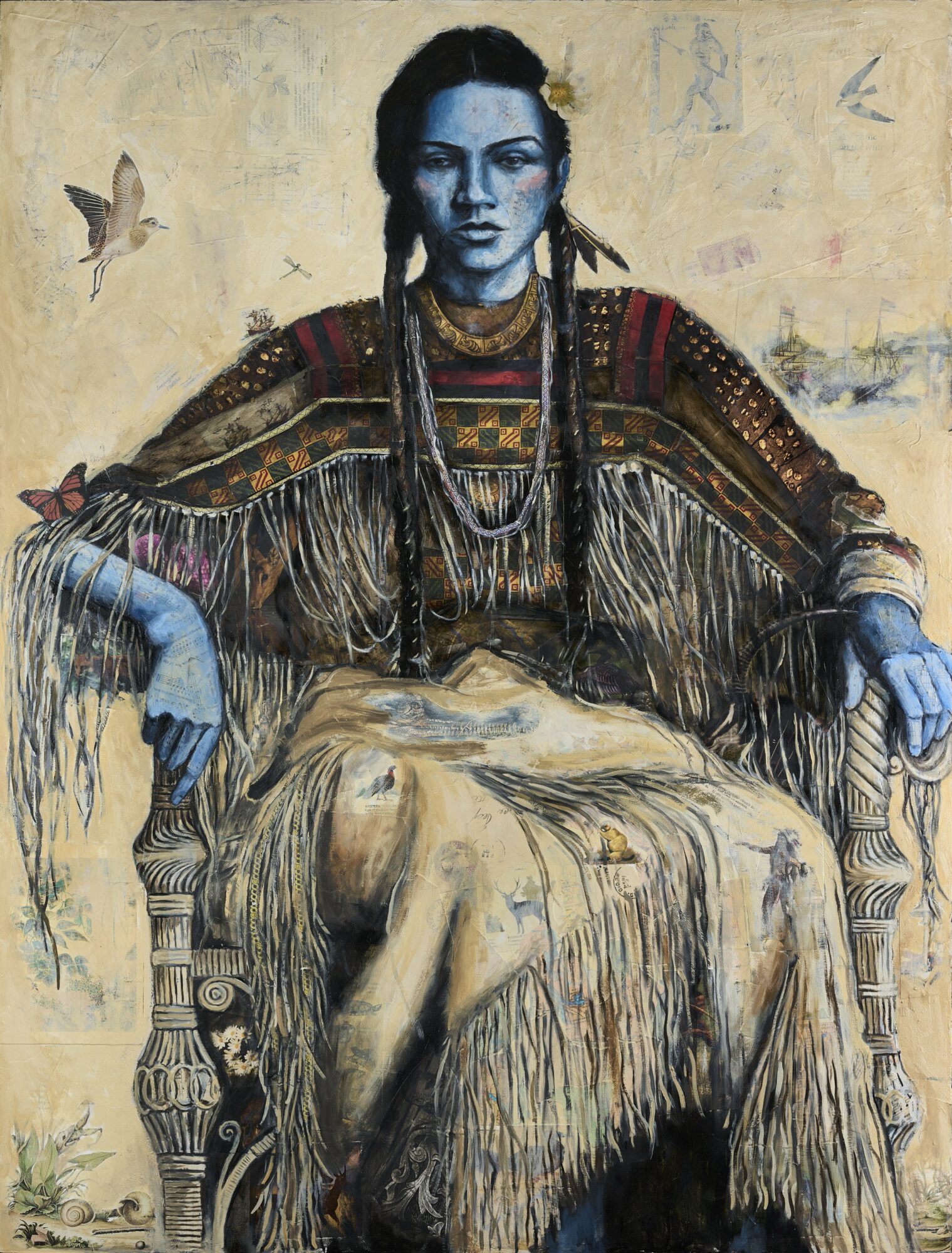 Woman with dark braided hair sitting on a decorated chair, wearing traditional clothing, with a bird flying nearby.