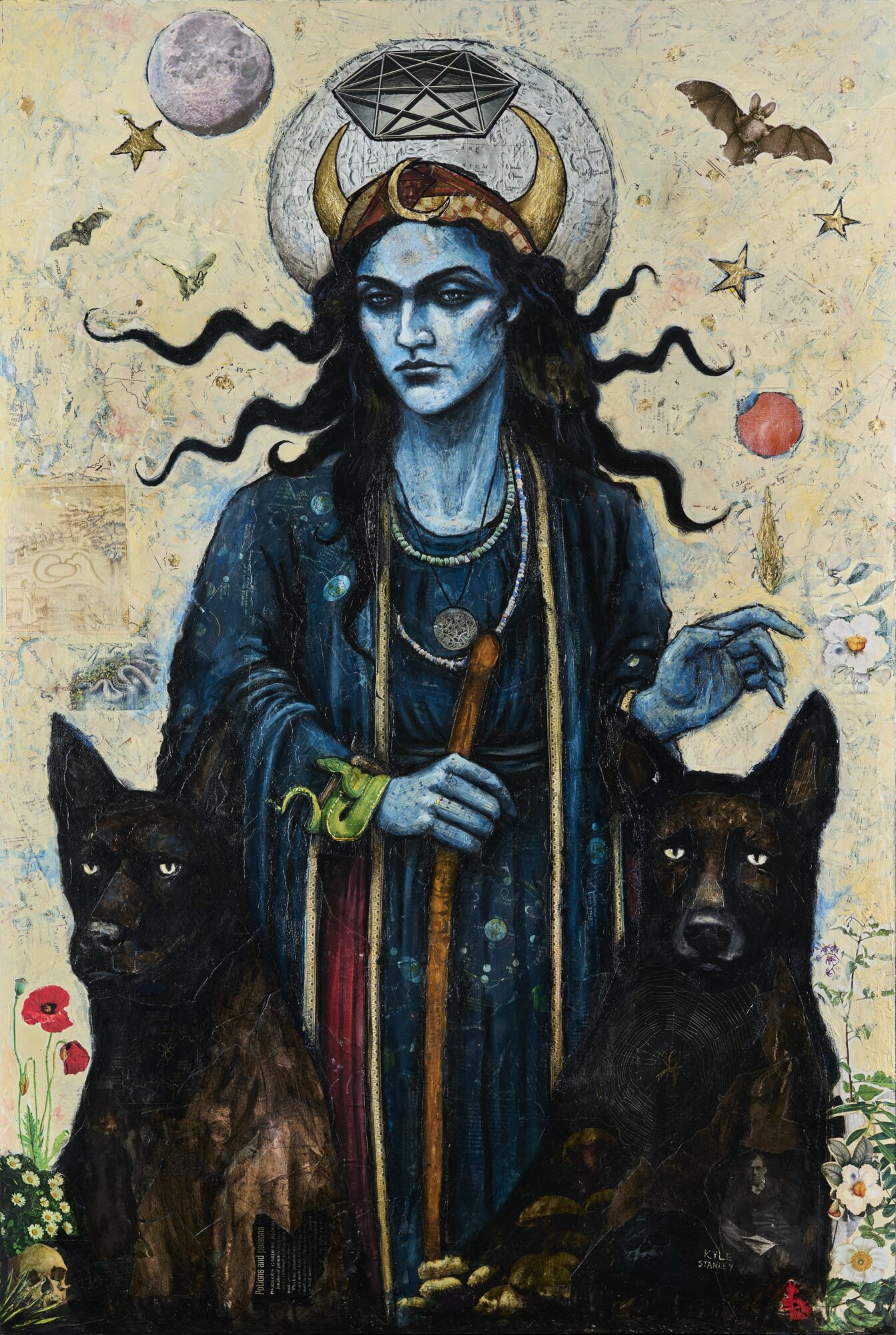 A woman with blue skin and dark hair, wearing a crown and dark robes, stands with two black dogs, surrounded by celestial objects.