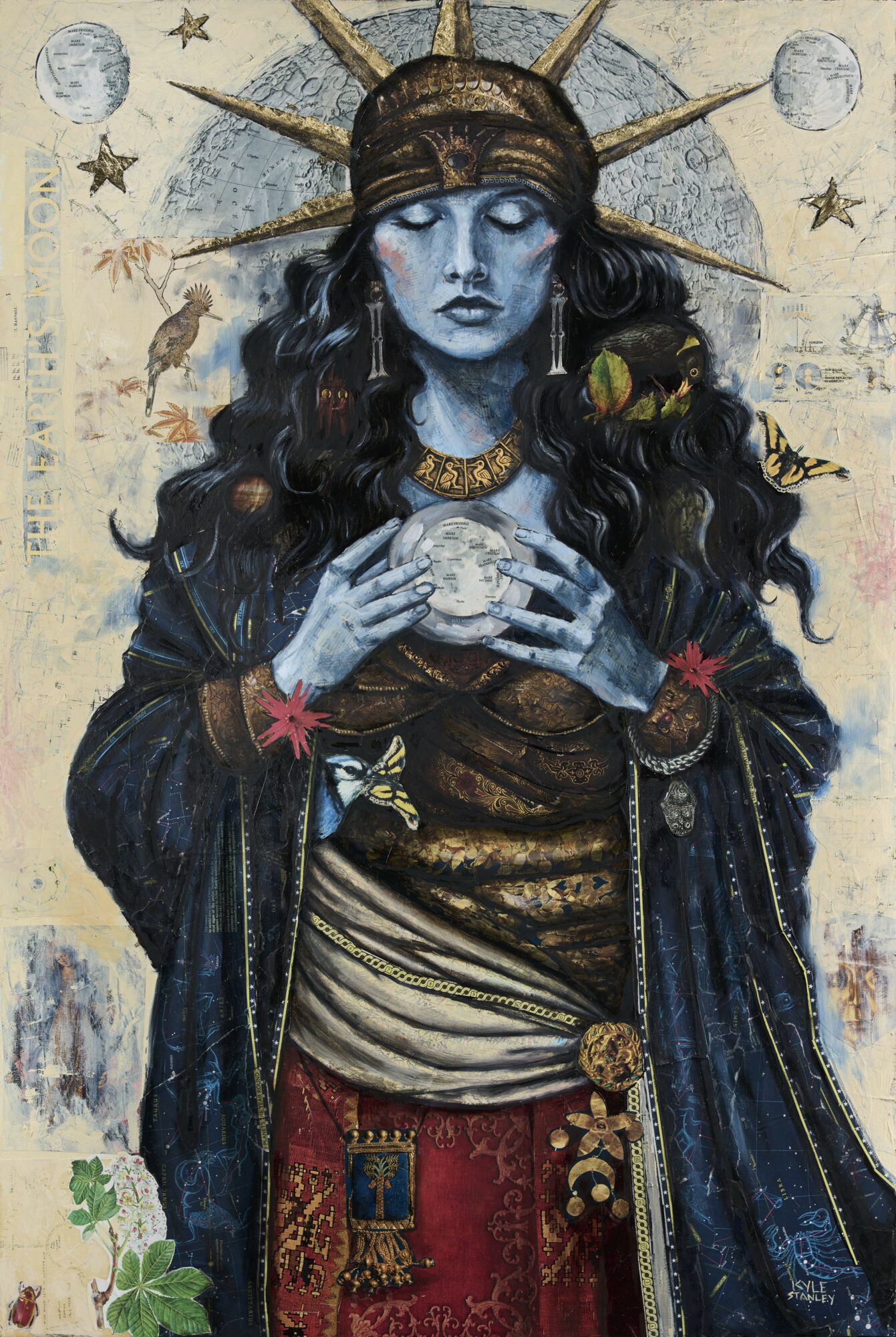 A woman with long dark hair, wearing a crown with rays, holds a glowing orb with both hands, surrounded by celestial symbols.