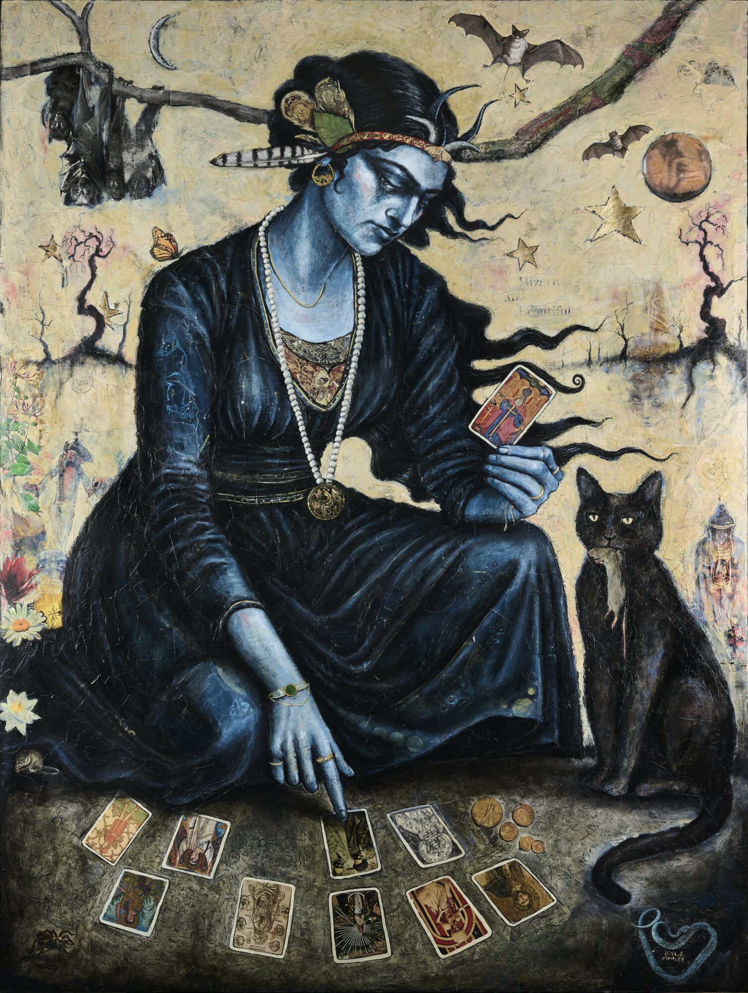 A woman with blue skin, dressed in black, sits outdoors with a black cat, tarot cards, and a mystical background.