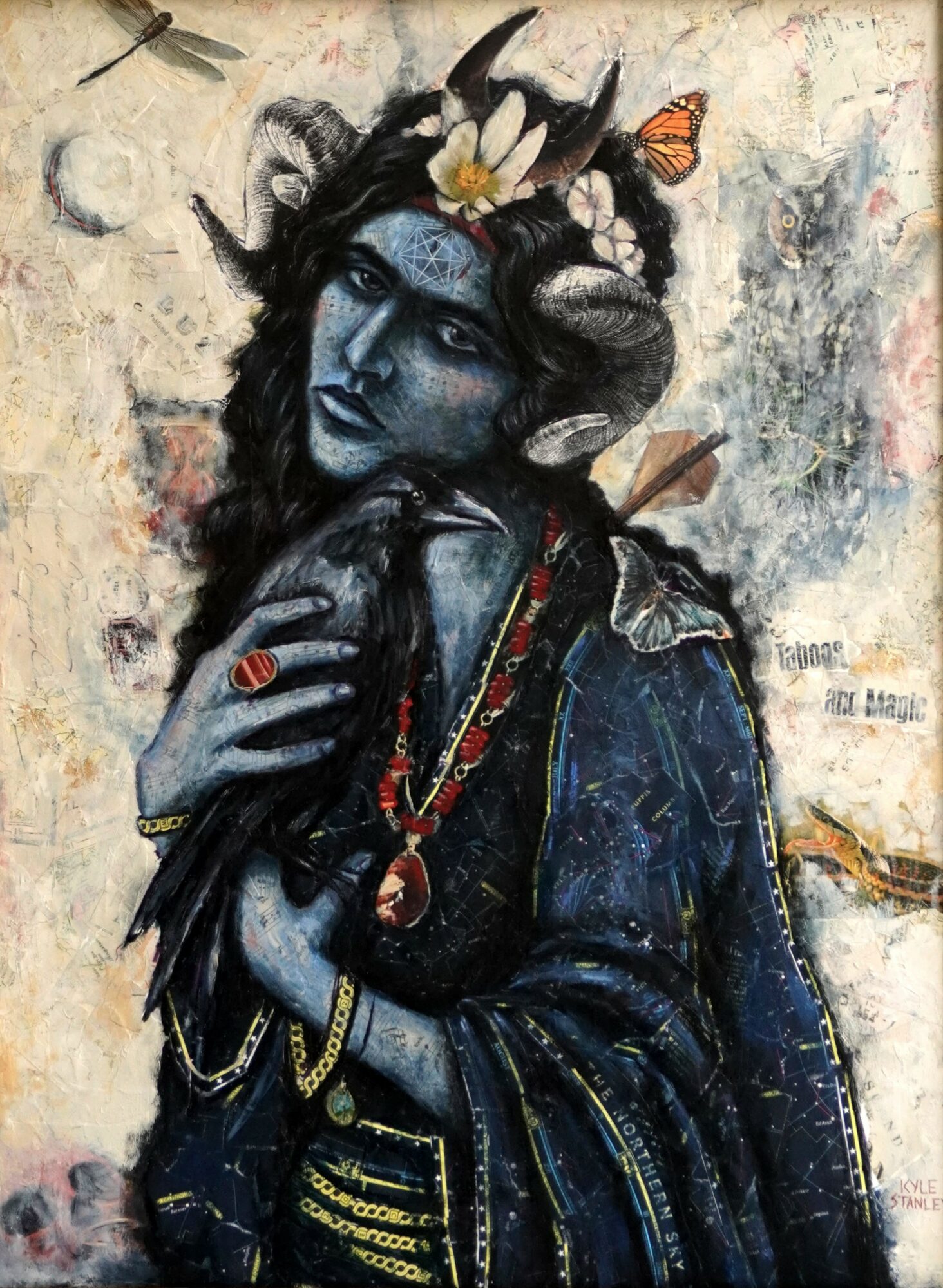 Portrait of a woman with dark hair, blue-toned face, adorned with flowers, butterflies, and jewelry, wearing a dark jacket.