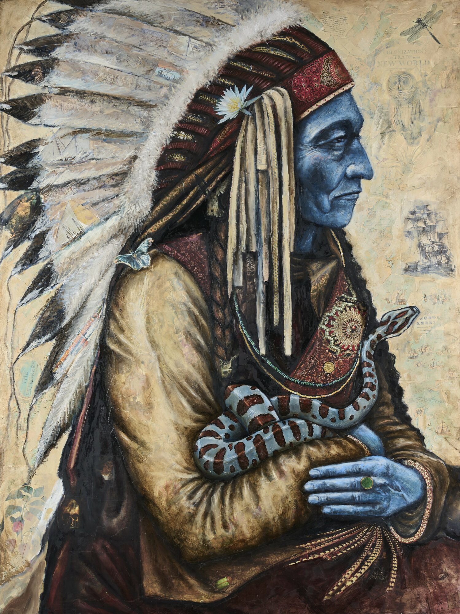 Profile of a Native American man wearing a feathered headdress, holding a snake, with detailed clothing and accessories.