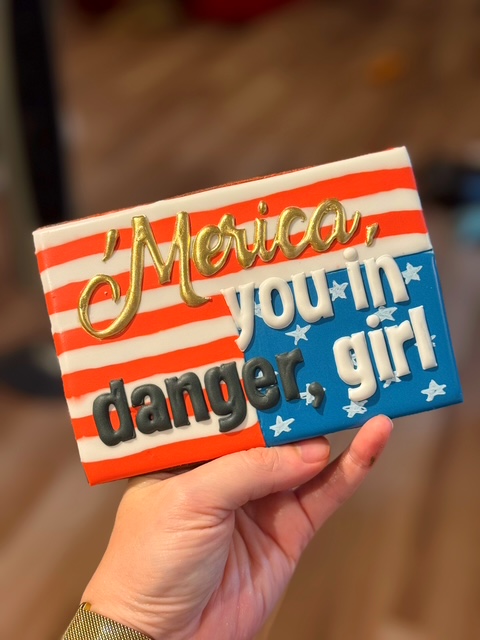 Hand holding a colorful sign with the words 'Merica, you in danger girl' on a striped background.