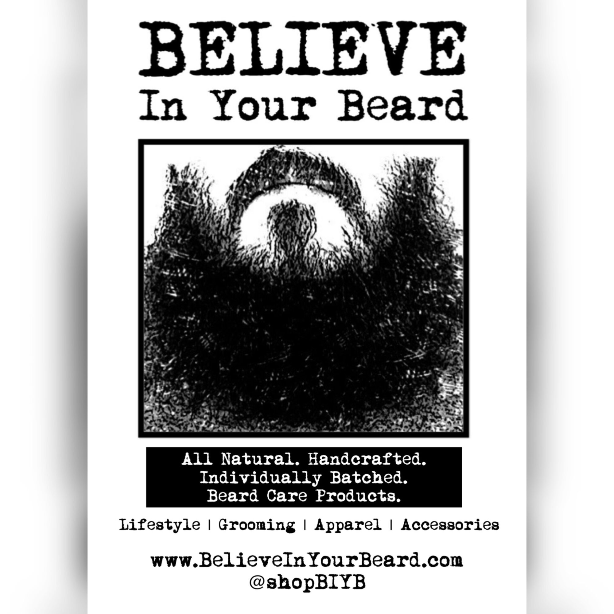 Text reading 'BELIEVE In Your Beard' above a beard illustration, with product details and website below.