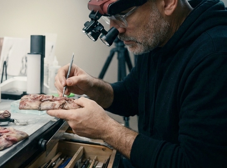 Person examining a specimen with a magnifying headset, working at a desk with tools and specimens.