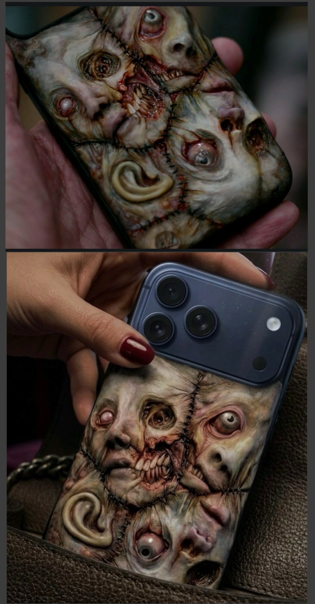 A phone case with a horror-themed design featuring distorted, grotesque faces and eyes, held by a person with red nail polish.